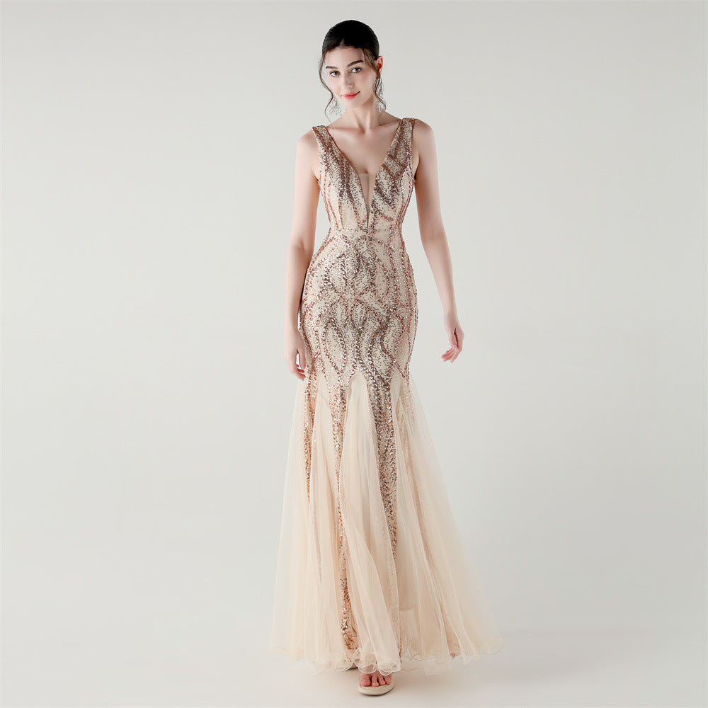 Deep V Neck Sequin Mesh Patchwork Fishtail Evening Dress for Formal Occasions 18