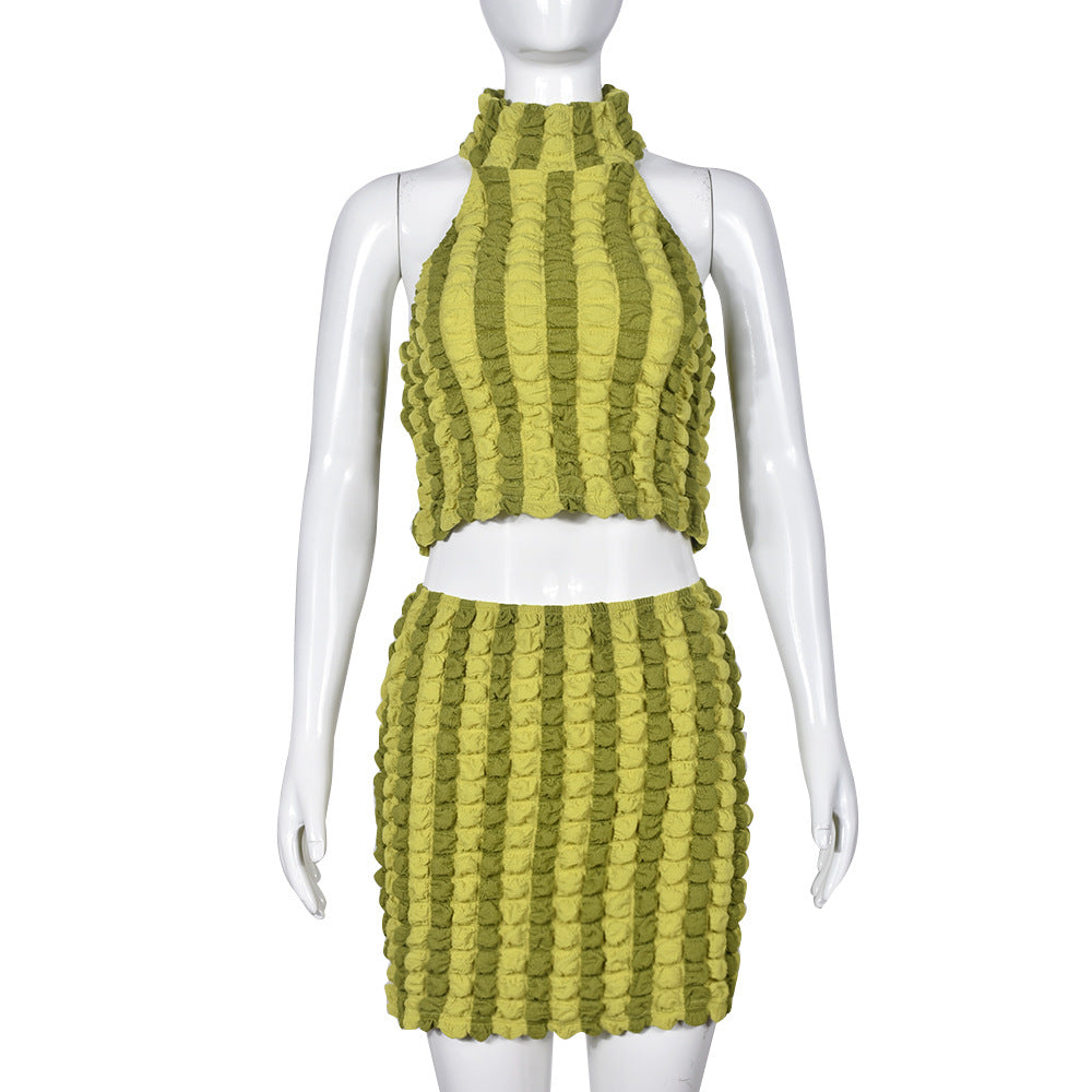 Women's Summer Halter Neck Low Back Crop Top and Skirt Two Piece Set 7