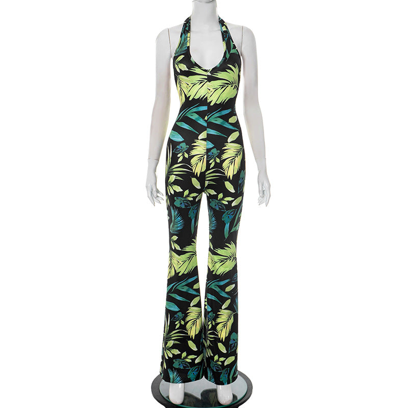 Women's Spring-Summer V-Neck Halter Lace-Up Leaf Print Flared Jumpsuit 5