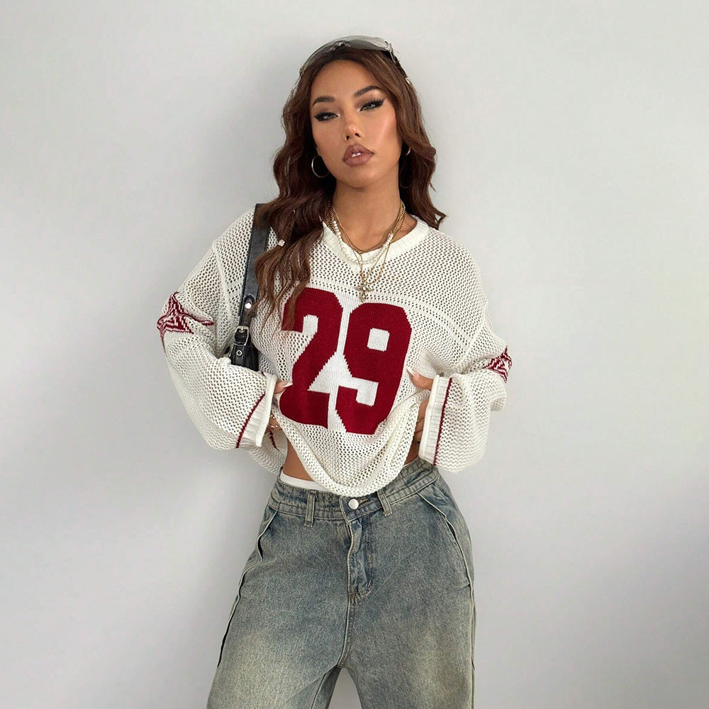 Fashion Casual Street Trend Print V-Neck Long Sleeve Knitted Sweater