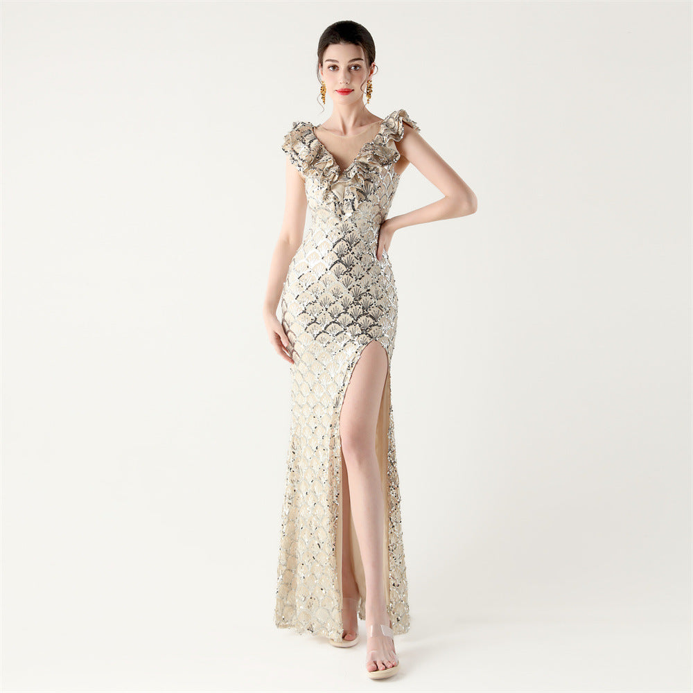 Sequined Ruffled Shoulder Sleeve Fishtail Slim Evening Dress for Formal Parties 16