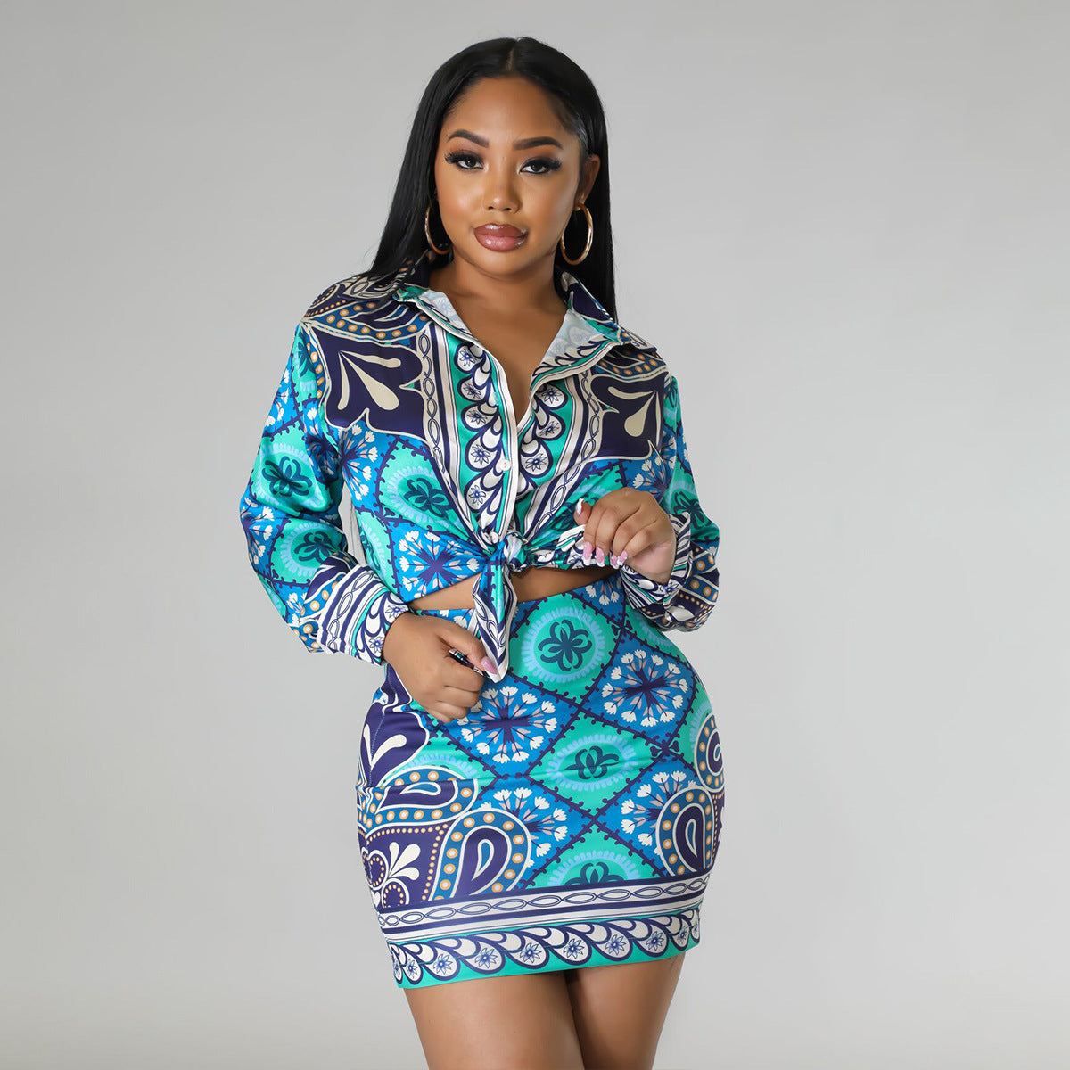 Casual Long Sleeve Printed Shirt Slim Short Skirt Sexy Two-Piece Set