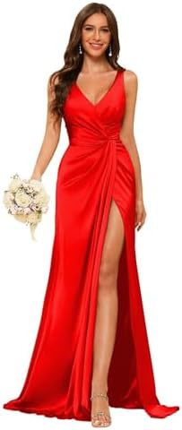Women's Strap V-Neck Bridesmaid Dress Sleeveless Satin High Slit Prom Dress（Processing time need 3-6 days） 16