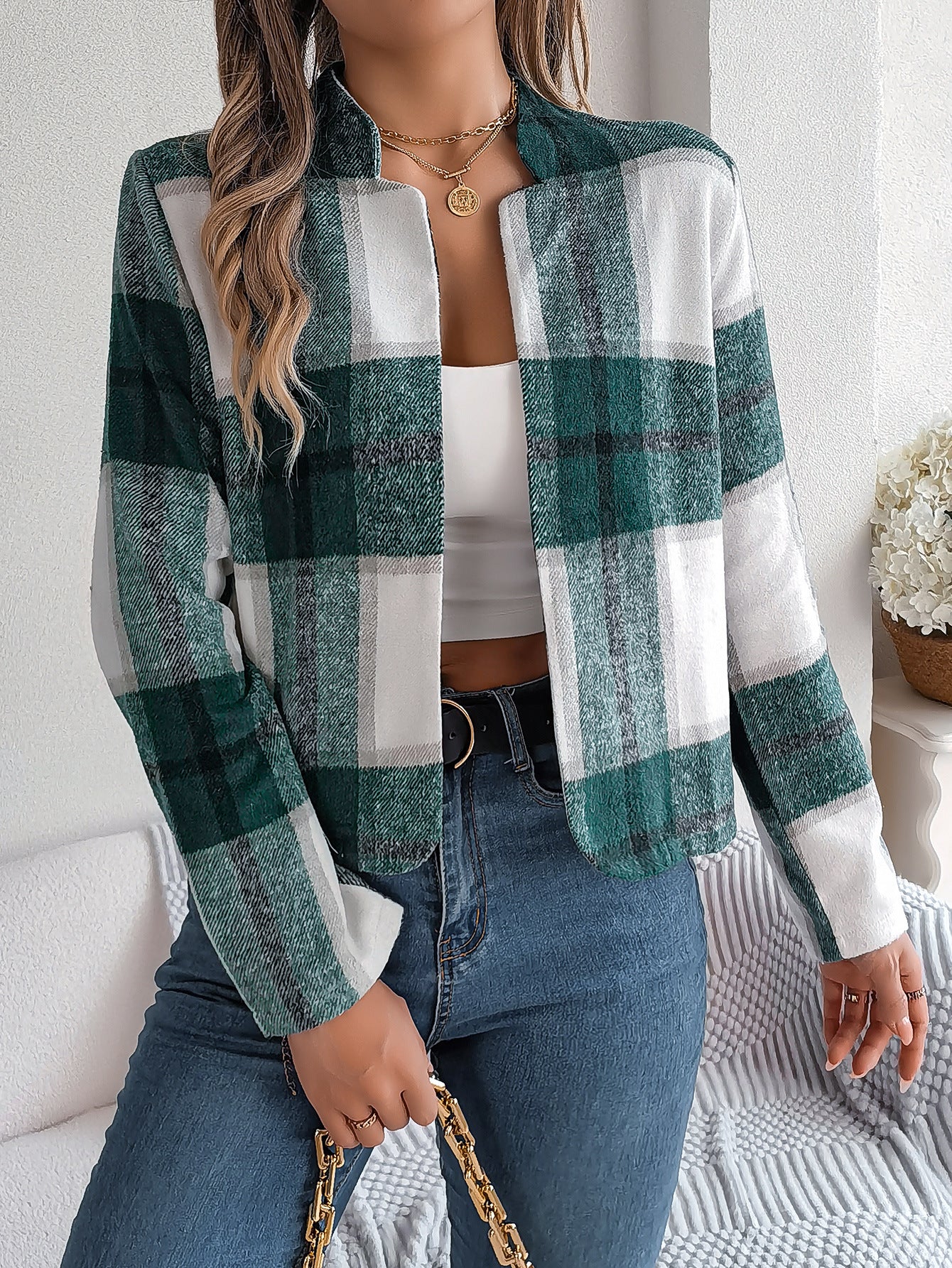Autumn Winter Casual Plaid Long Sleeve Women Tweed Coat 9