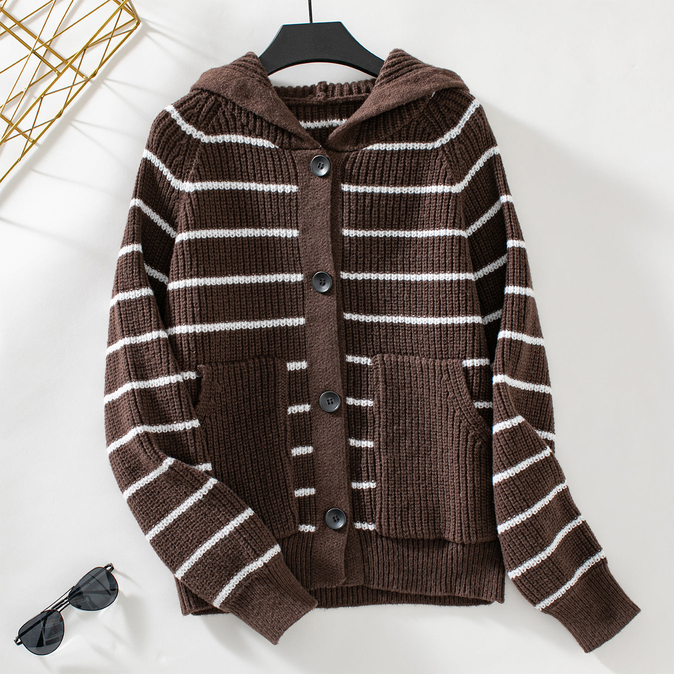 Hooded Striped Knitting Cardigan Women Autumn And Winter Loose Casual Pocket Sweater 9