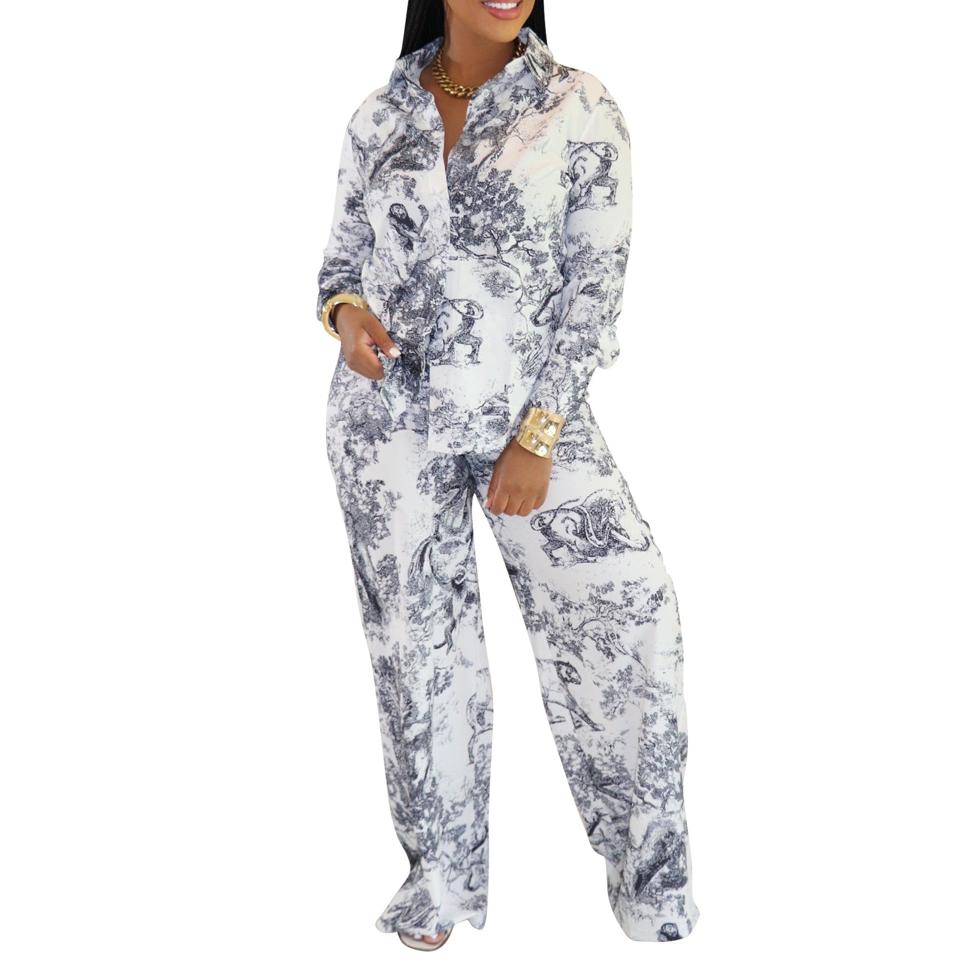 Women Casual Long-Sleeved Shirt and Pants Two-Piece Set 7