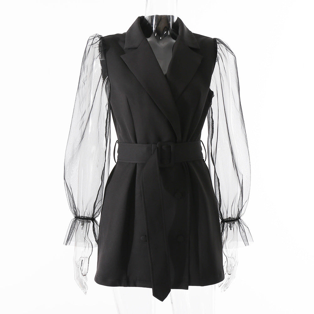 Spring Sexy See-Through Mesh Long Sleeve Double Breasted Slim Waist Chic Women Blazer Dress 10