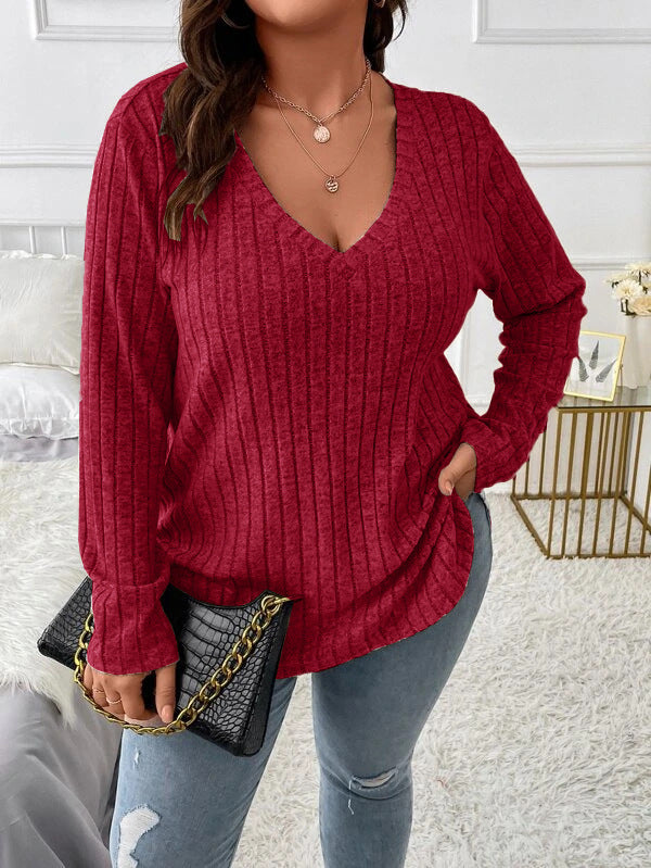 Women's Autumn Winter Solid Color Ribbed V-Neck Plus Size Pullover Top 20