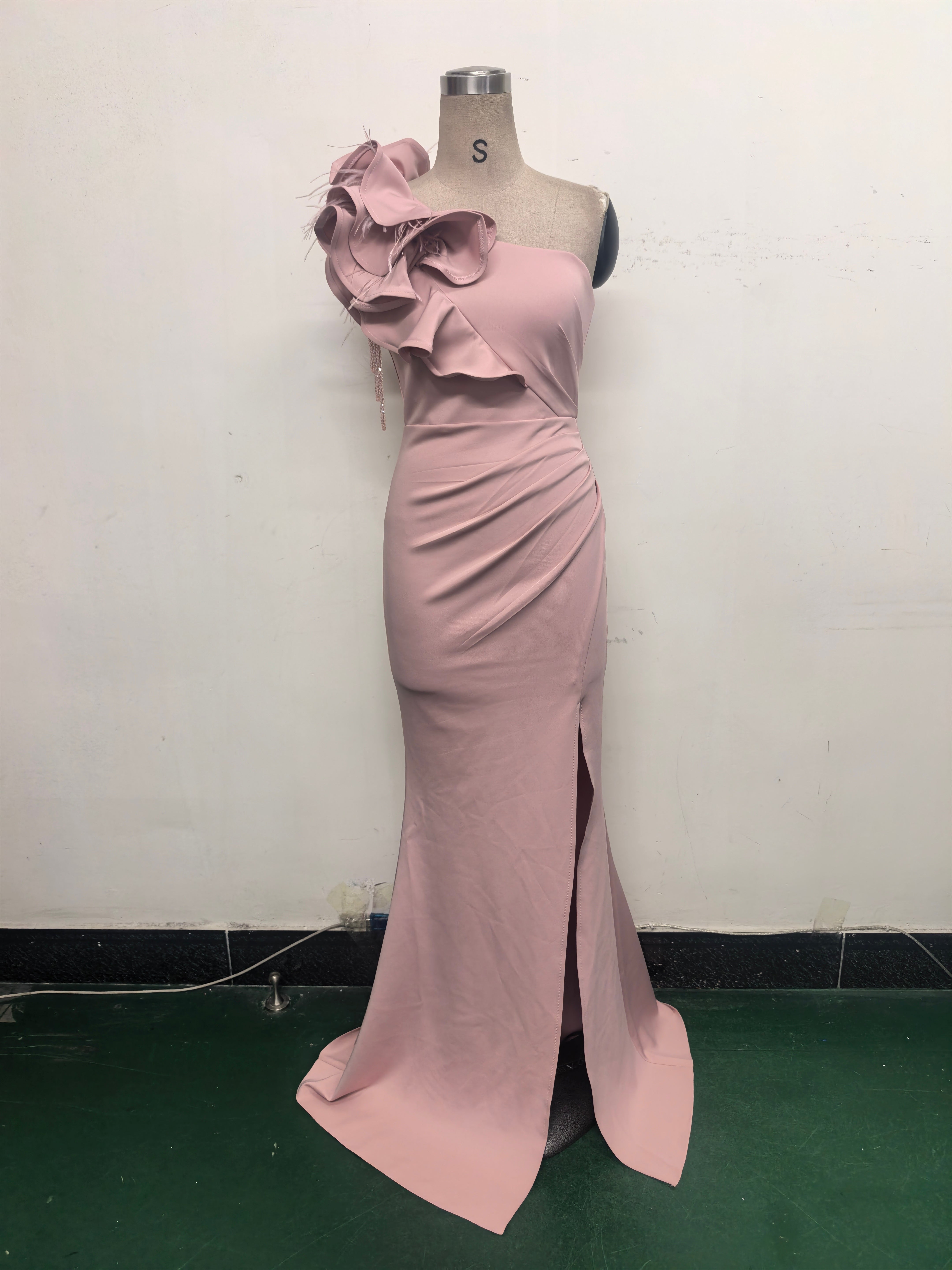 Women One-Shoulder Beaded Wool and Floral Satin Slit Sexy Evening Dress 34