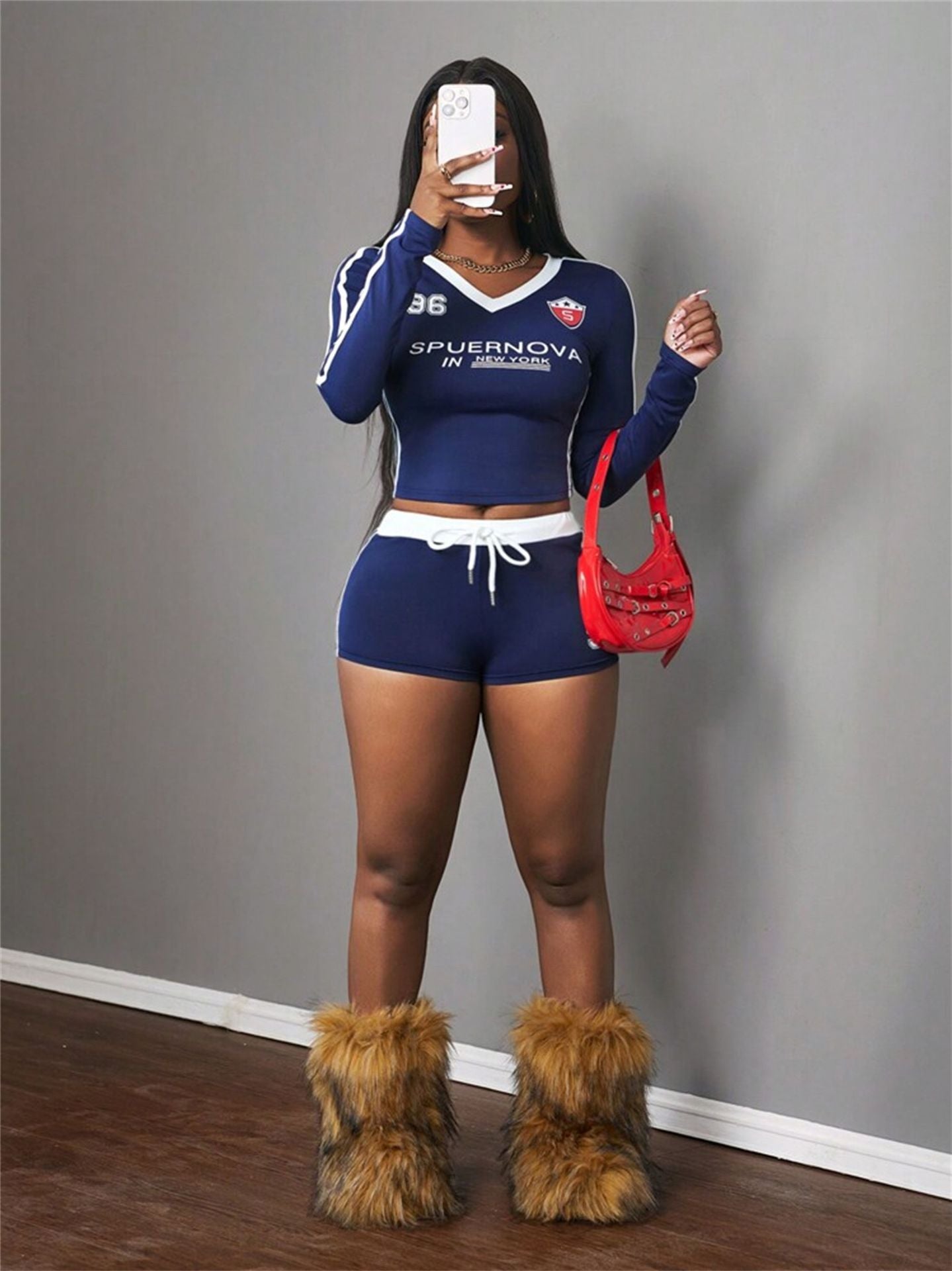 Fashionable slim sexy elastic print sports v-neck long-sleeved top shorts set for women 7