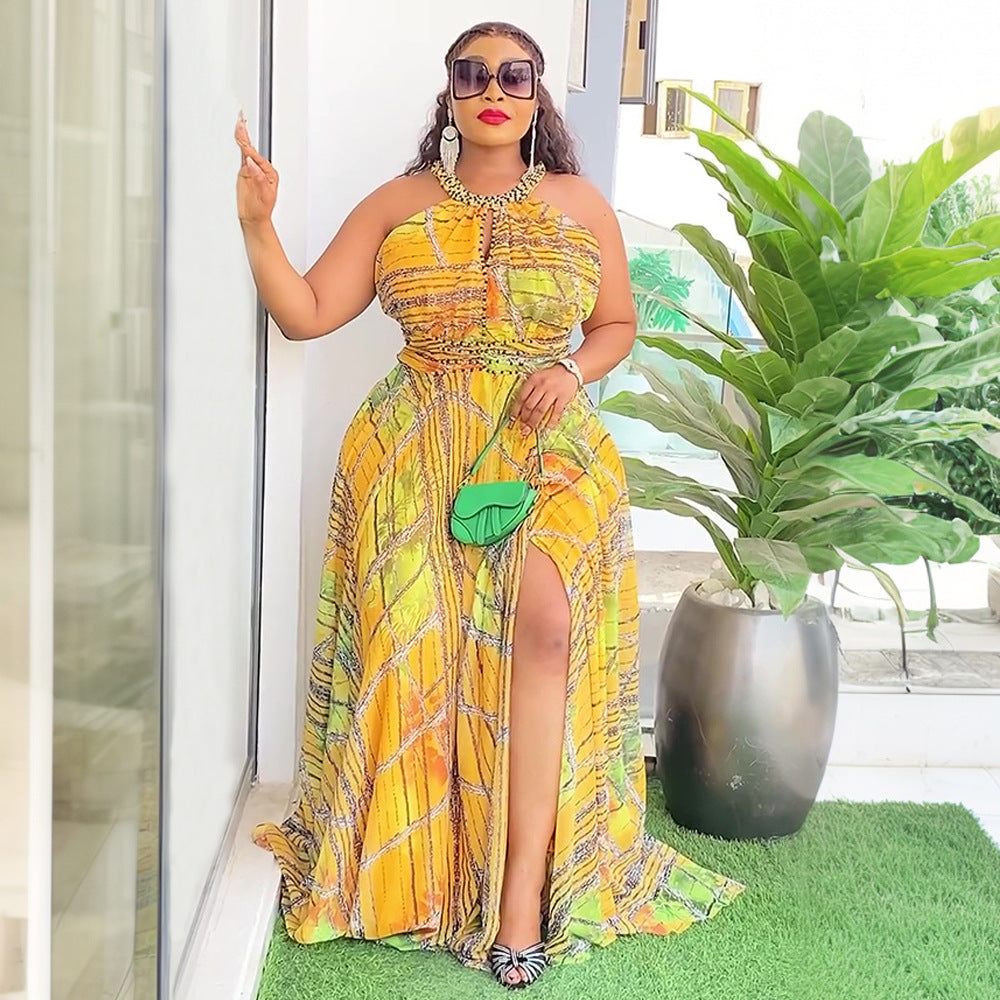 Plus Size Women Off-shoulder Spring and Summer African Print Bubble Bead Maxi Dress