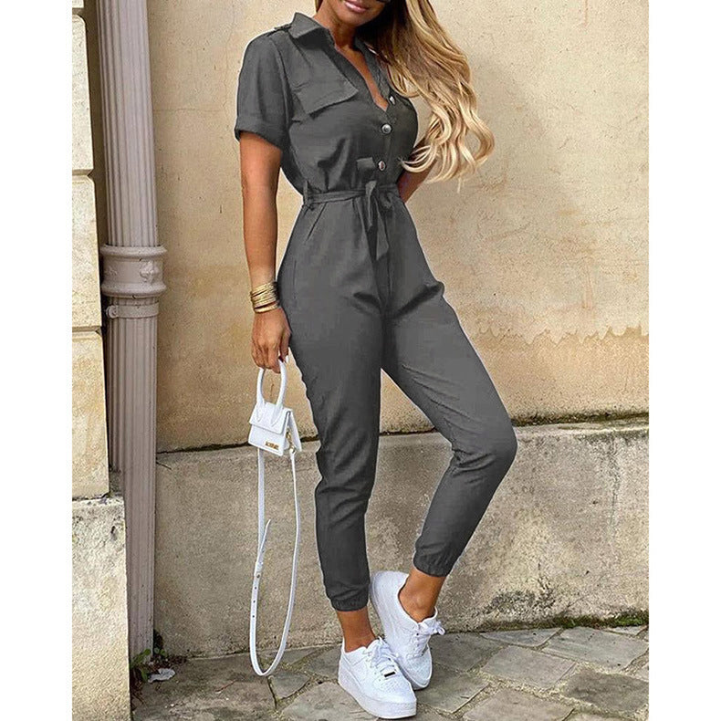 Women'S Summer Cargo Trousers Casual Turndown Collar Buttoned Printed Belt Jumpsuit 3