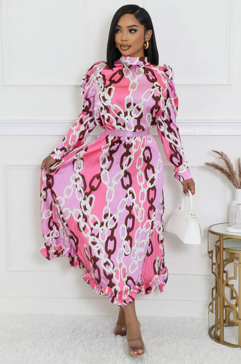 Women Fall Casual Long Sleeve Pleated Print Top and Skirt Two-Piece Set 3