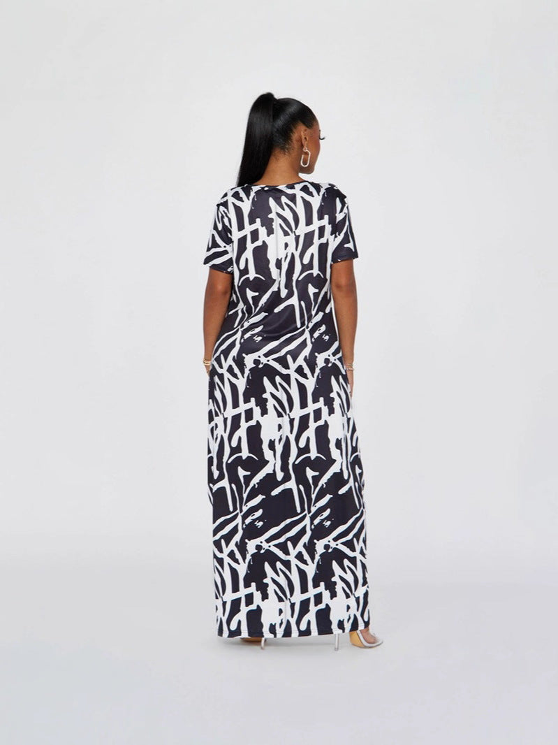 Women Casual Printed Black and White Short-Sleeve Round Neck Maxi Dress 3