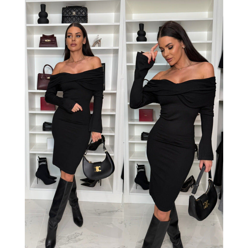 Women Solid Off Shoulder Long Sleeve Dress 6