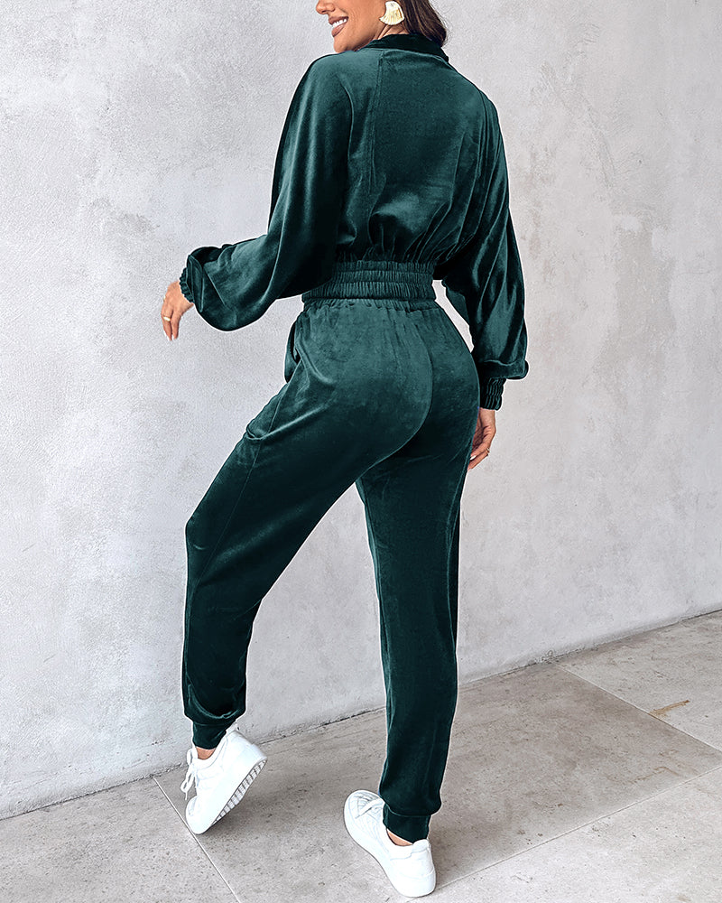Women Turndown Collar Zipper Velvet Hoodies And Casual Sweatpants Two-Piece Set 6