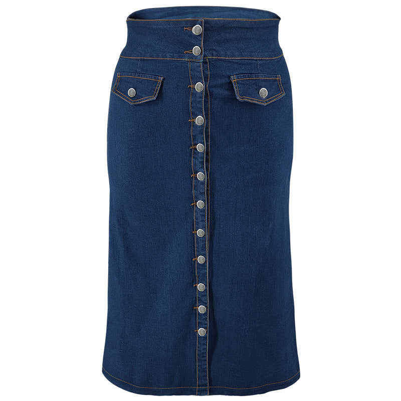 Plus Size Women Denim Button Fake Pocket Skirt 6