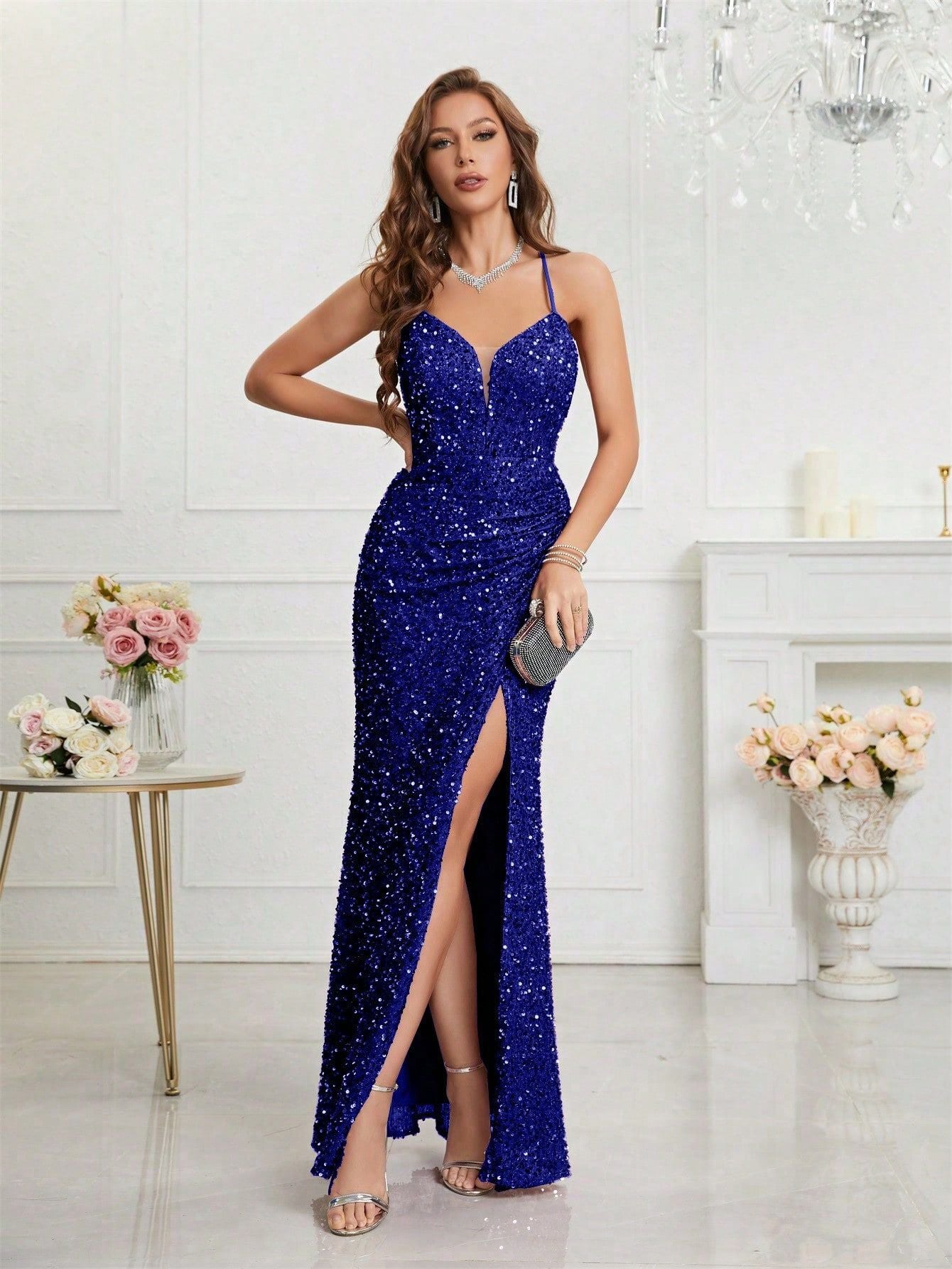 Women Formal Party v-neck sequined evening dress 3