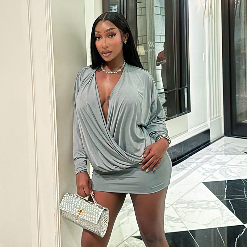 Women's Autumn Street Sexy Deep V Bat Sleeves Long Sleeve Dress 11