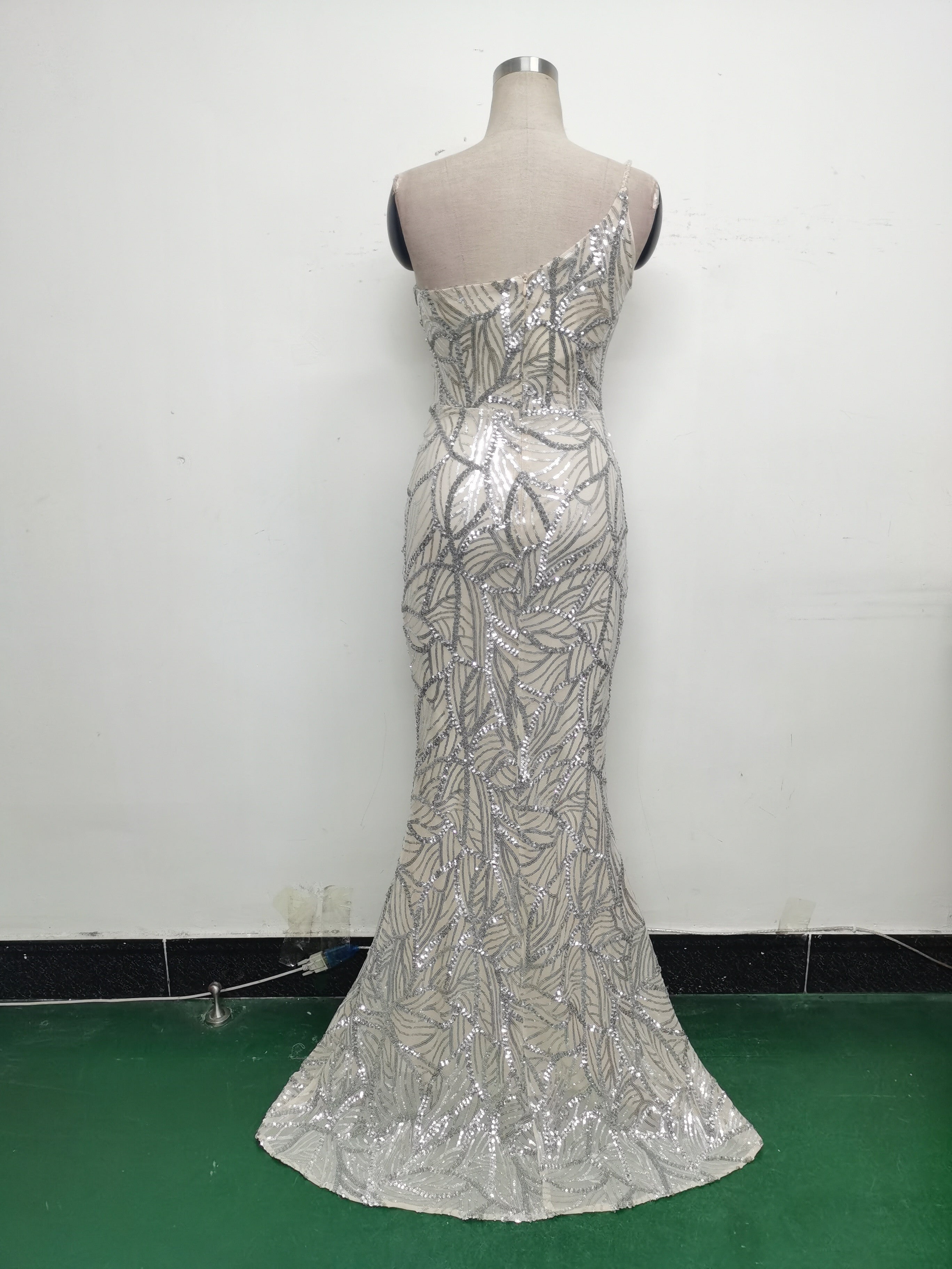 Women One Shoulder Beaded Geometric Sequin Formal Party Prom Wedding Evening Dress 45