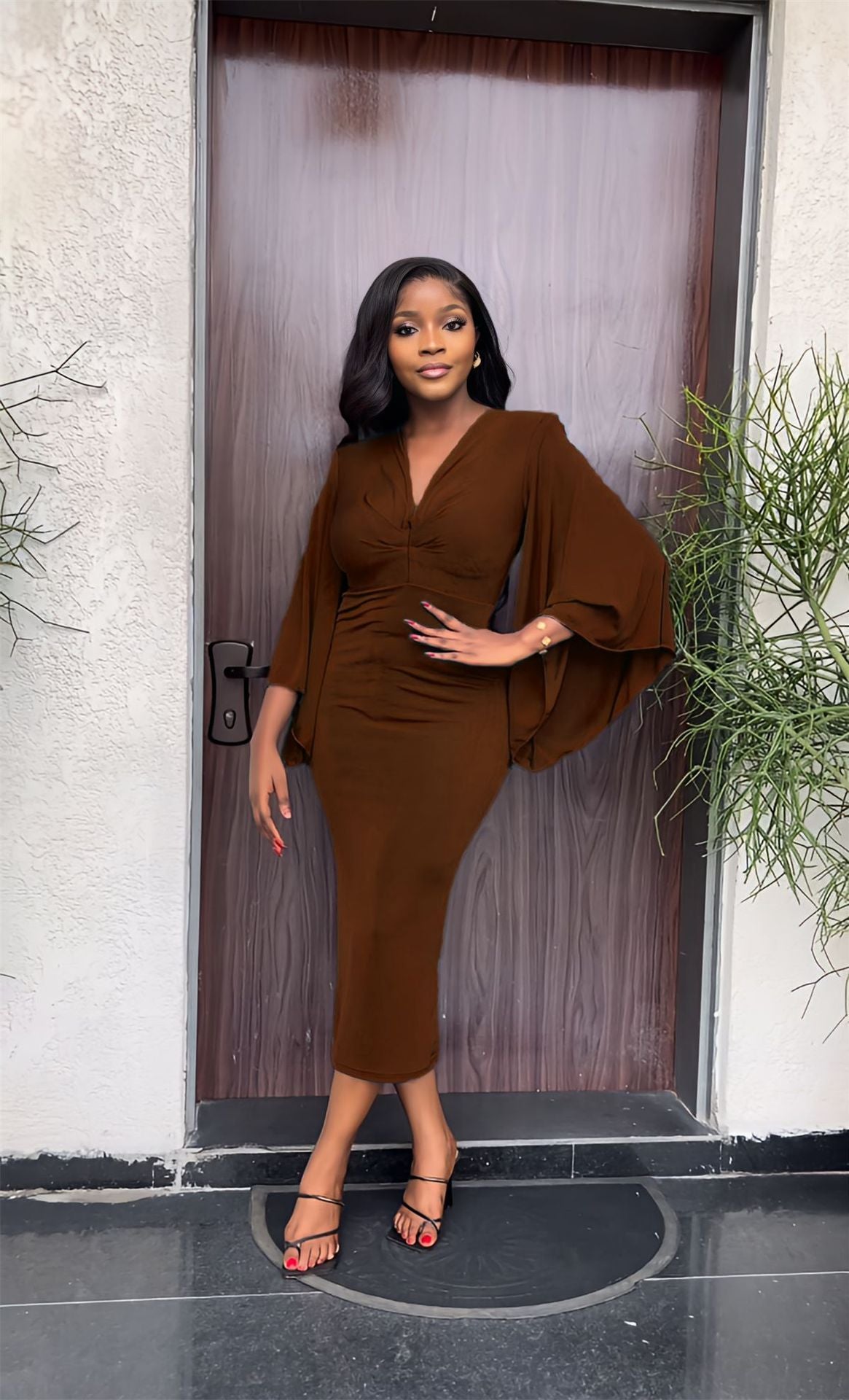 Chic Elegant Bat Sleeves V-Neck Slim Midi Women's Dress 4