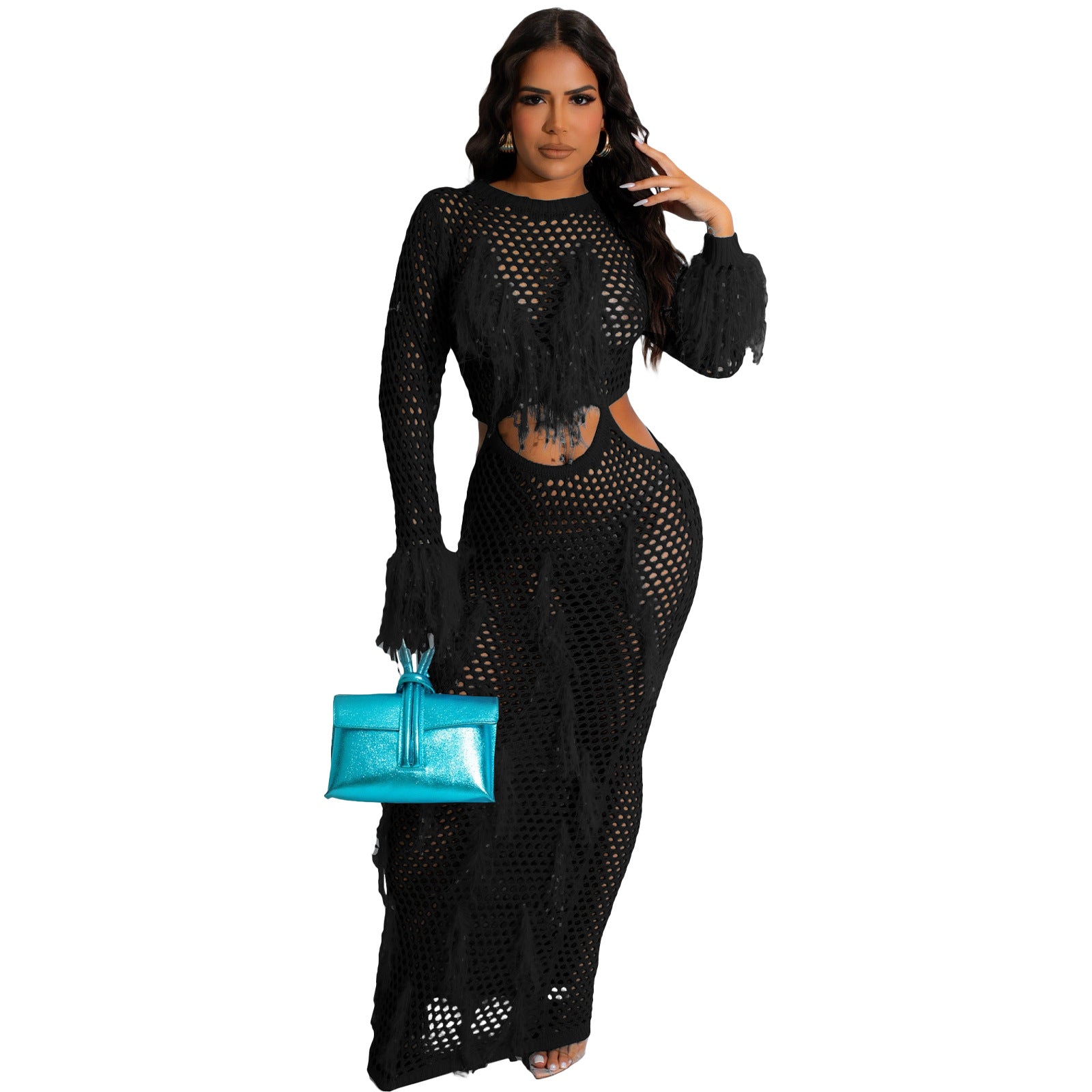 Women's Tassel Knitting Casual Hollow Sequin Beach Long Dress 8