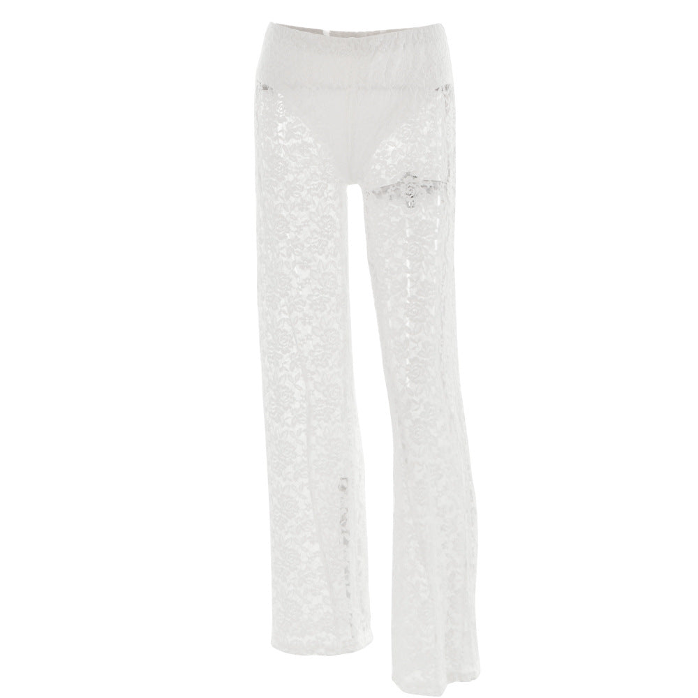 Summer sexy and versatile lace See-Through high-waisted Patchwork long straight pants 9