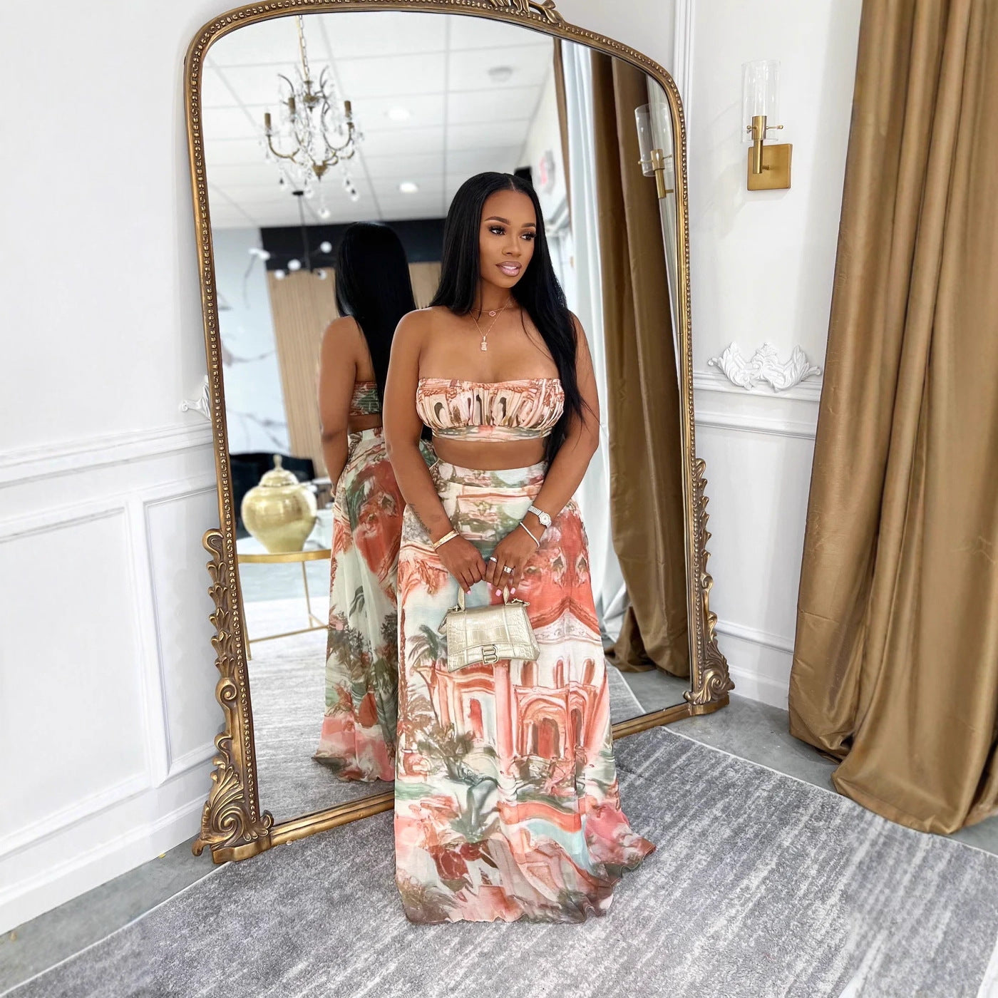 Casual Print Strapless Top High-Waist Chiffon Print Maxi Skirt Two-Piece Set 5