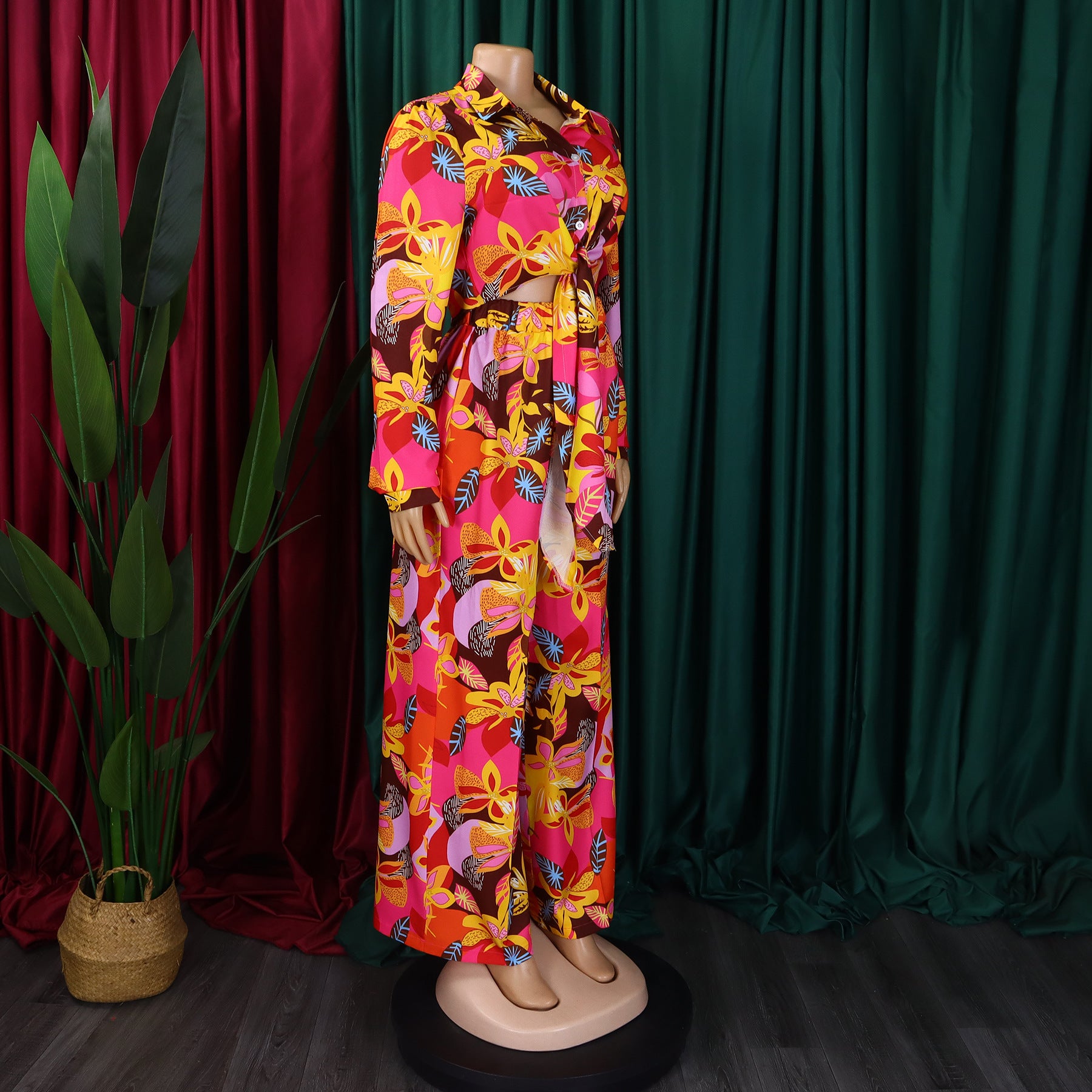 Women Printed Turndown Collar Lace-Up Shirt Wide Leg Pants Two-Piece Set 8