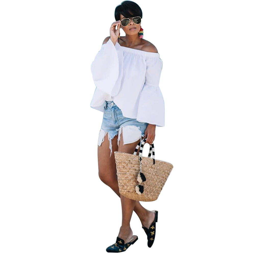 Women's Sexy Off-Shoulder Bell Bottom Sleeve Solid Color Loose Top 6