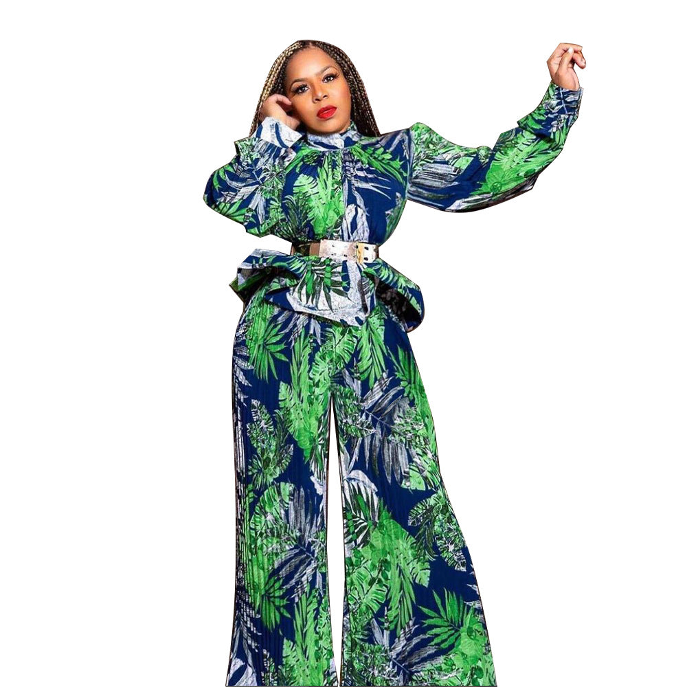 Women Lantern Long Sleeve Top and Wide Leg Pants Printed Casual Two-piece Set 8