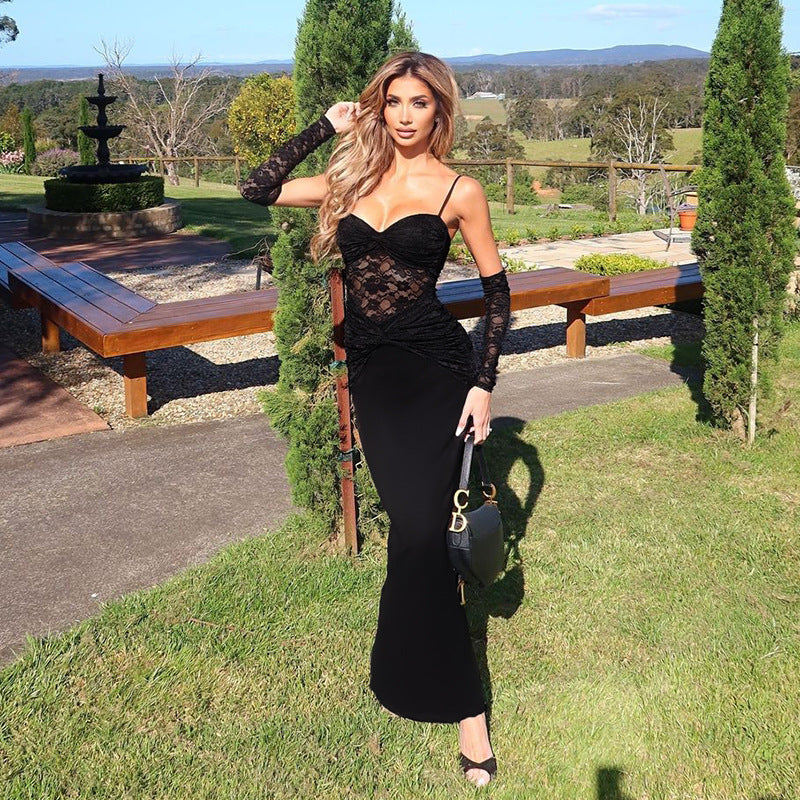 Women Suspender Lace Sleeve Bodycon Dress 4