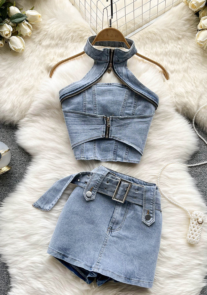 Women's Summer Halter Neck Crop Top Mini Skirt Two-Piece Denim Set
