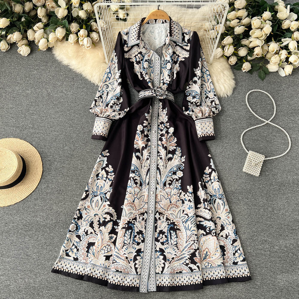 Spring And Autumn Lantern Sleeves Turndown Collar Single-Breasted Button Printed Dress Women Slim Waist Swing Long Dress 8