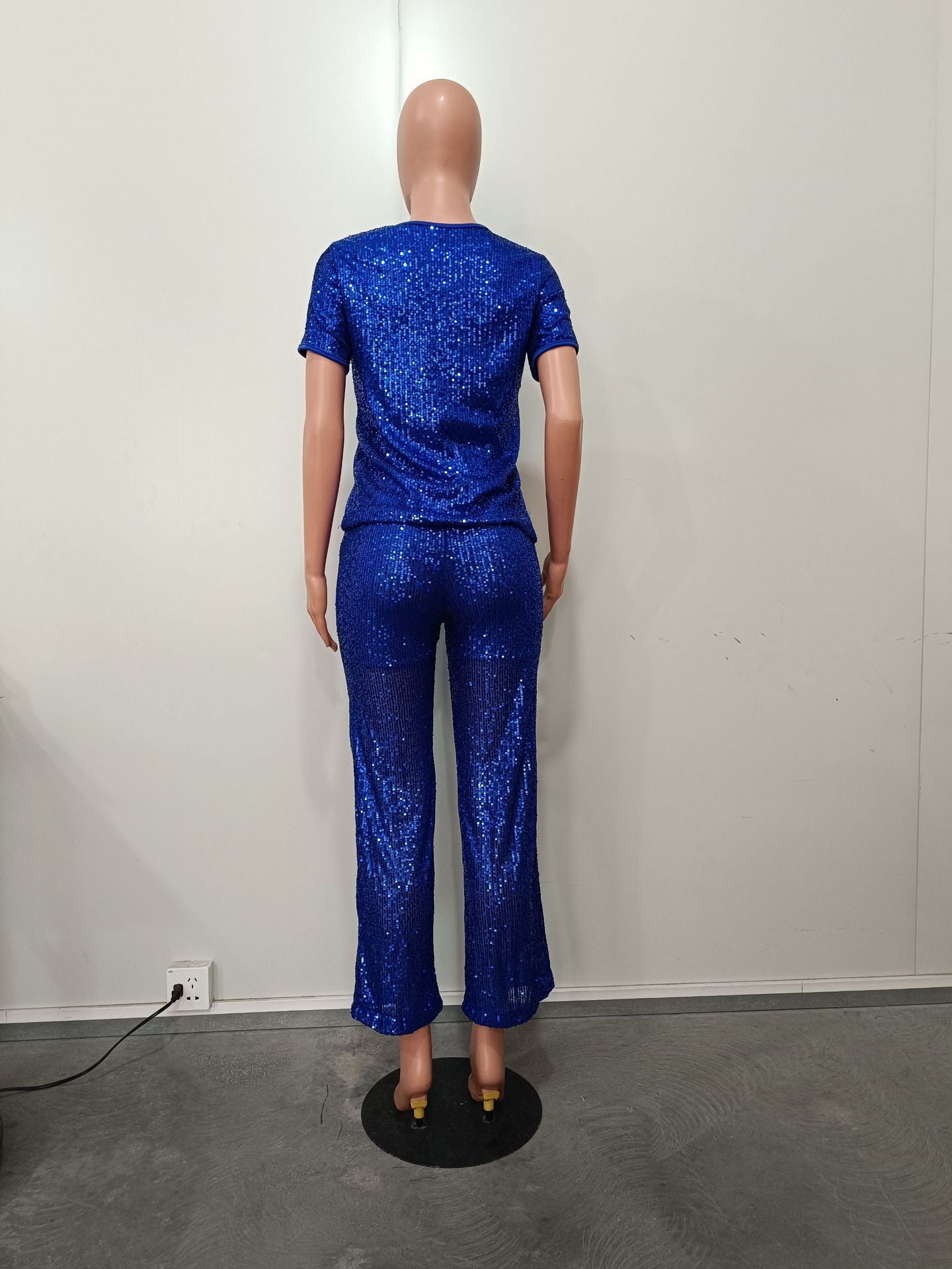 Women Spring Summer Sequin Solid Short Sleeve Top and Pants Two-piece Set 31