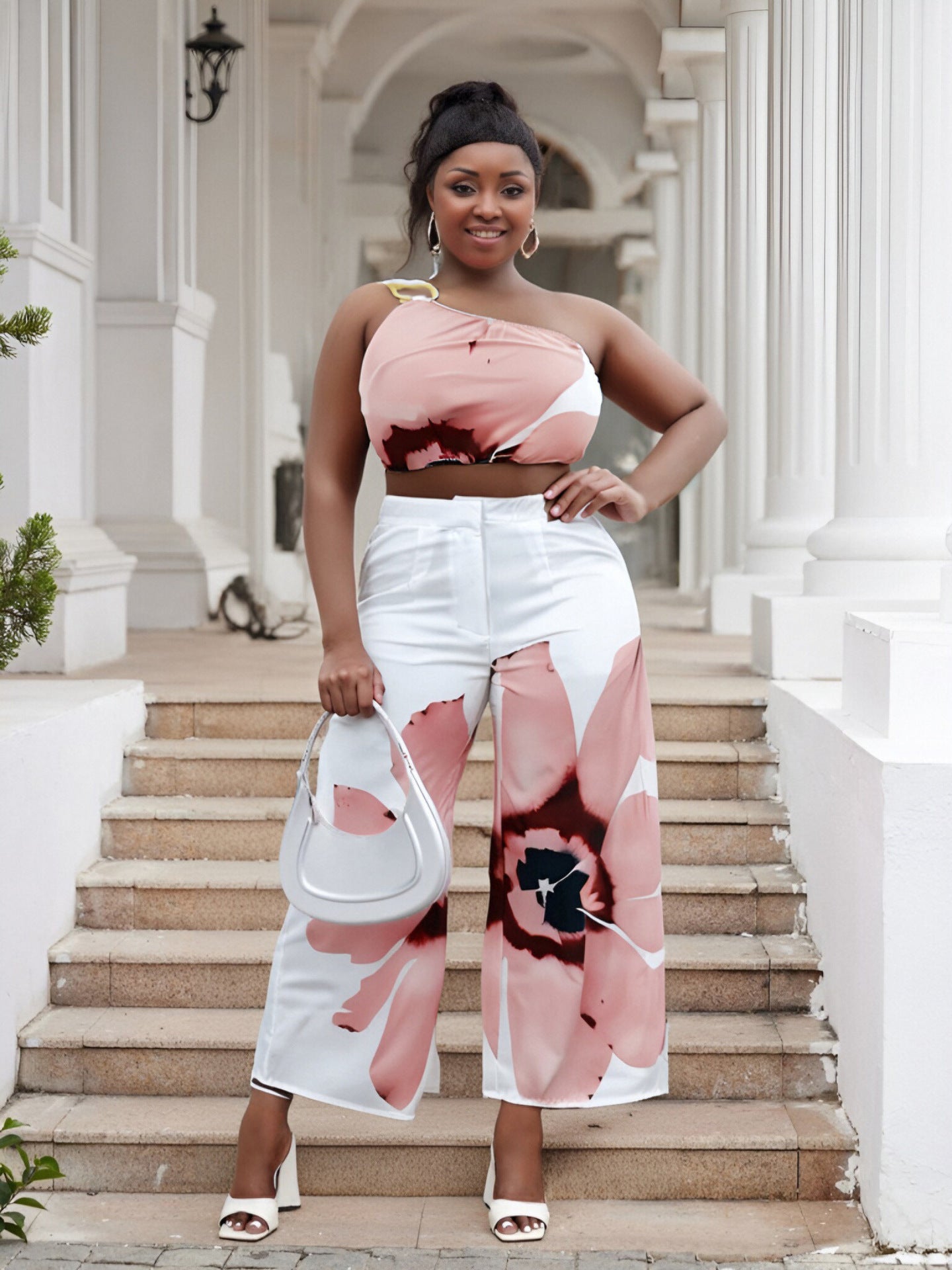 Plus Size Spring/Summer Printed One Shoulder Crop Top Wide Leg Pants Two Piece Set 3