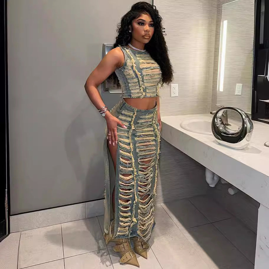 Women Trend Style Frayed Tank Top and Slit Skirt Denim Two-piece Set 4