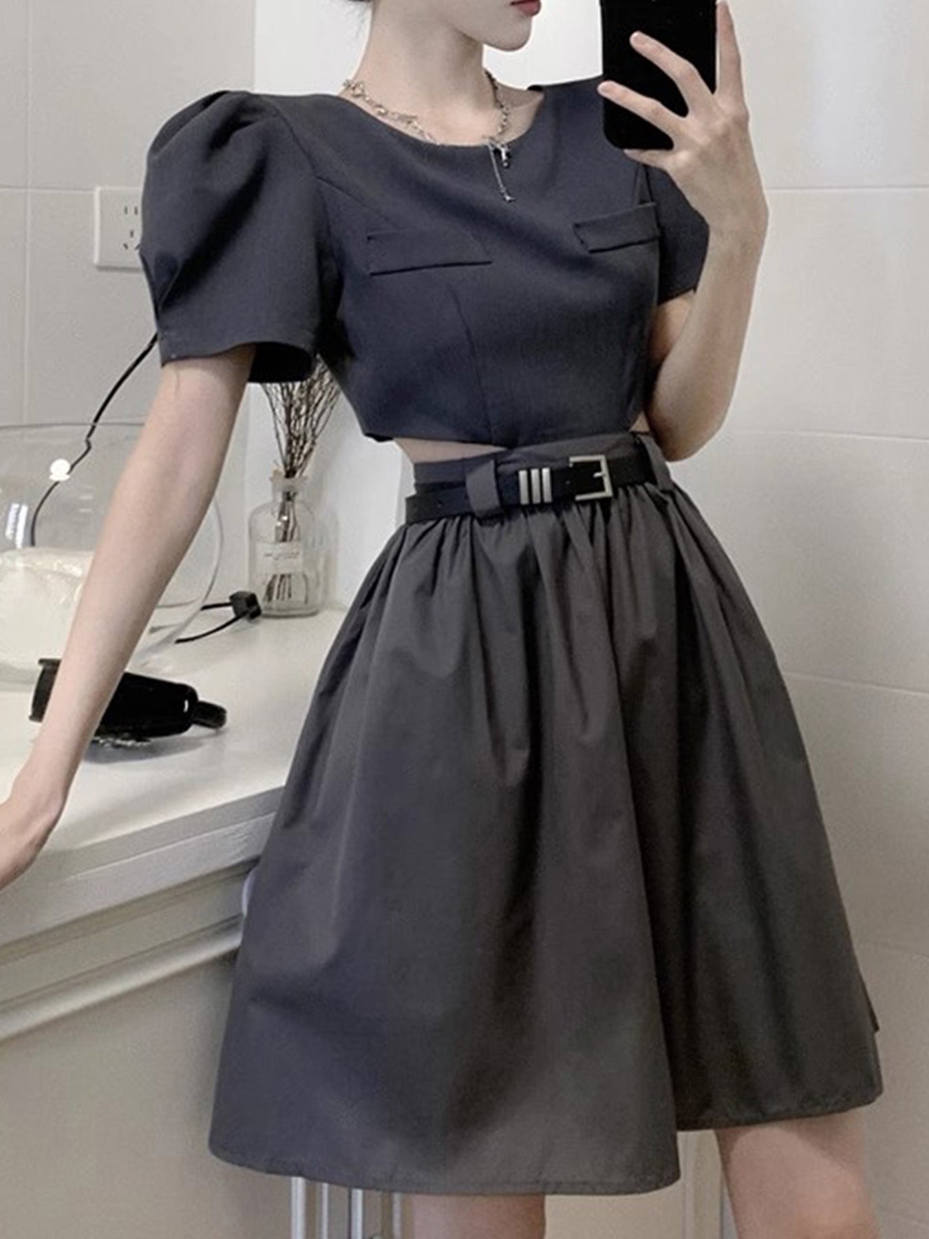 Summer Short Sleeve Hollow Slim Open Waist Slim Fit Dress 5