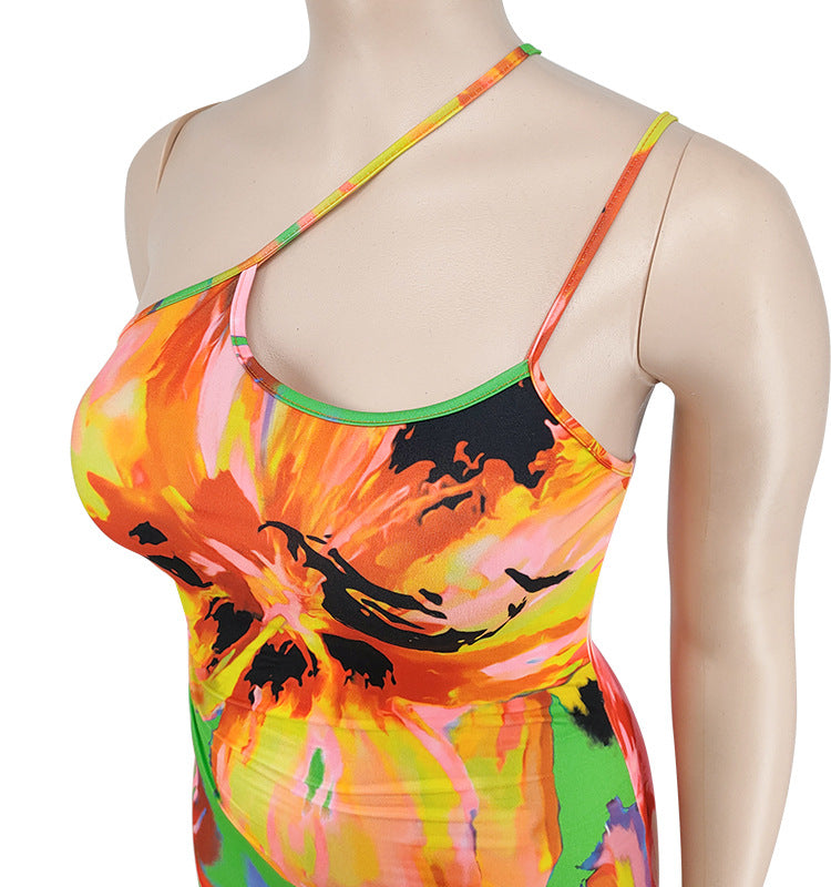 Plus Size Women's Summer Sexy Printed Strap Low Back Slim Dress 21