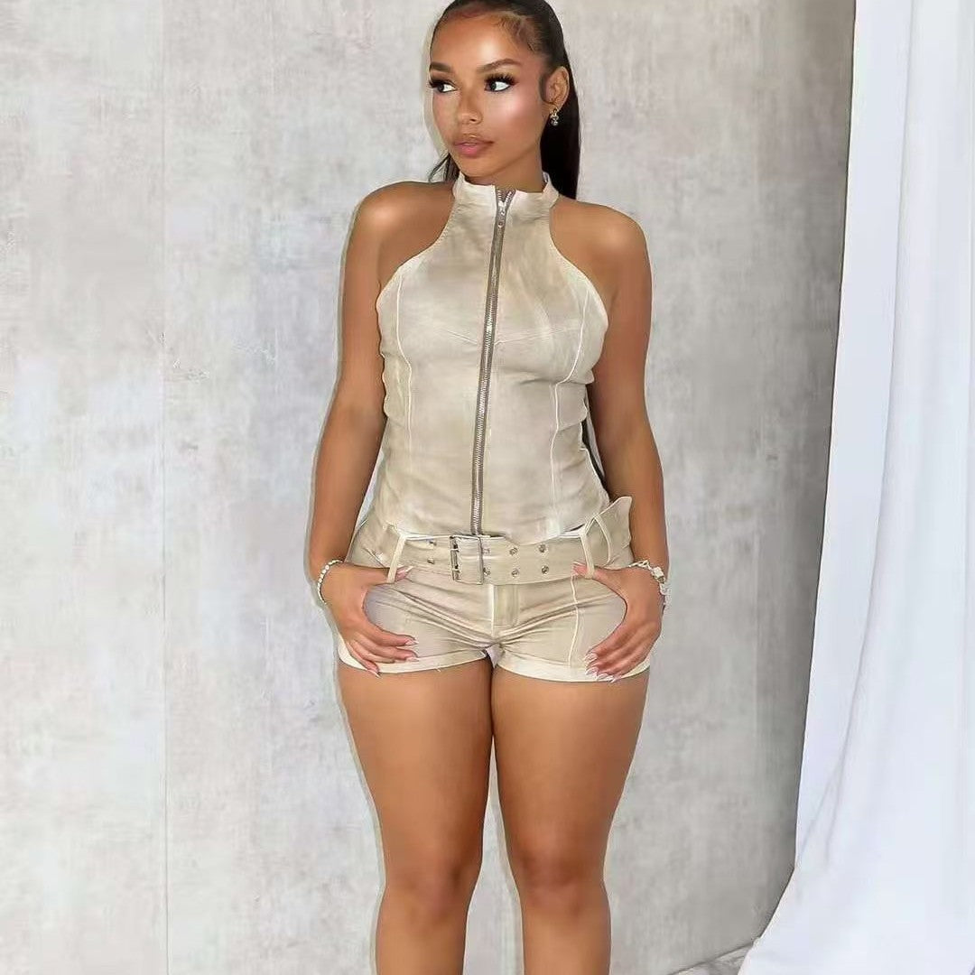 Women Denim Sleeveless Zipper Crop Top and Belt Shorts Two Piece Set 8