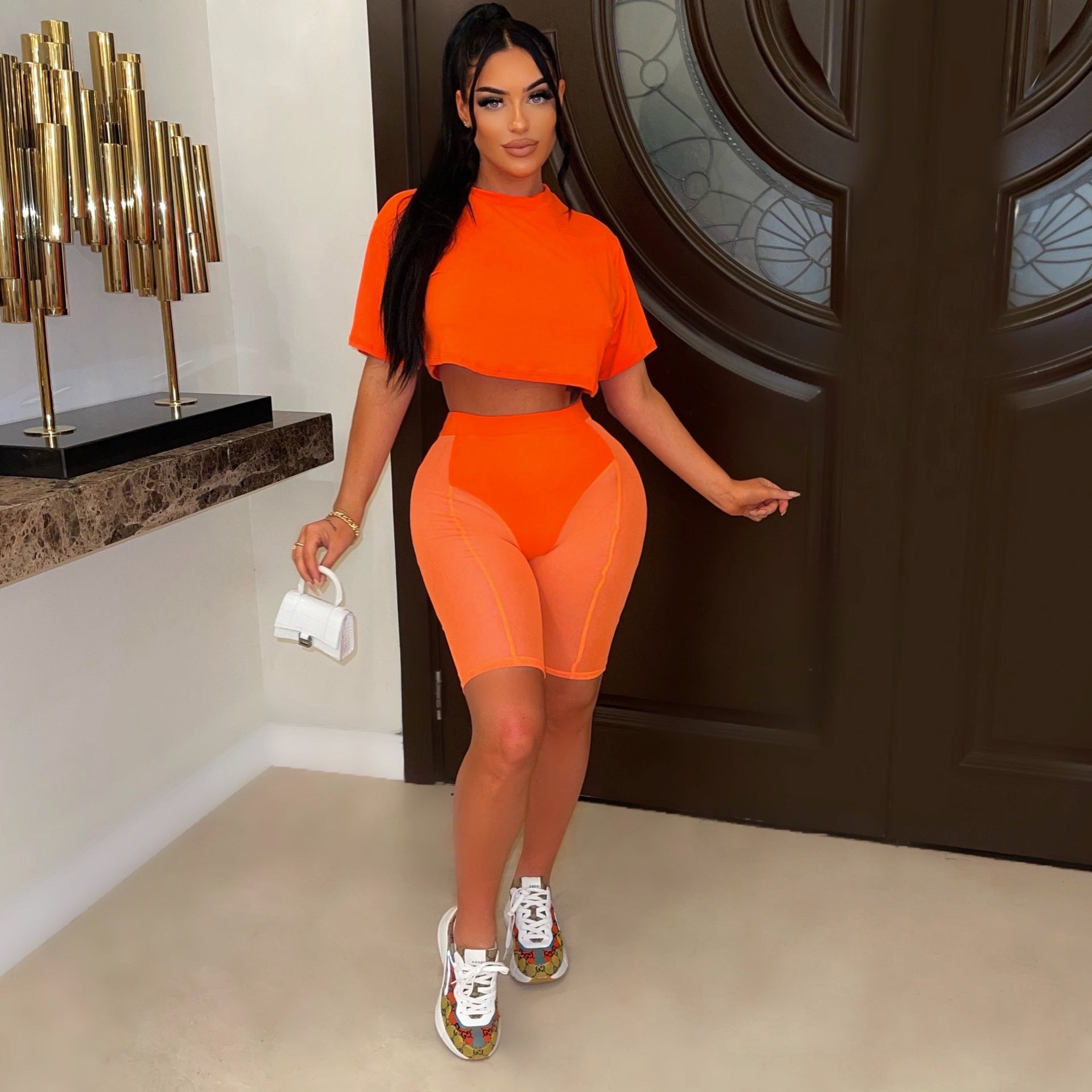 Women Summer Fashion Mesh Solid Top + Shorts Two-Piece Set 5