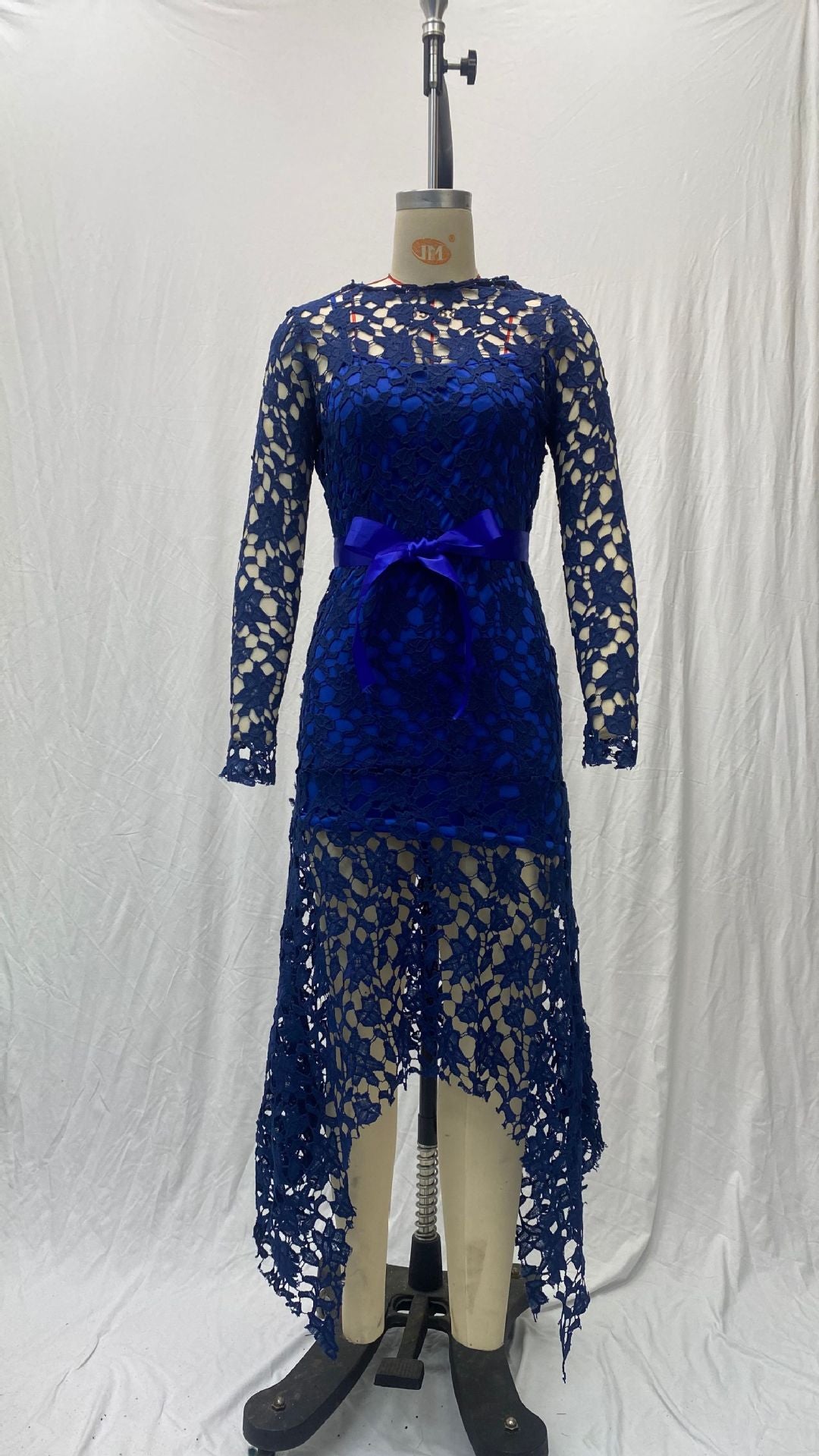 Women Lace Hollow Long Sleeve Stand Collar Lace Irregular Dress 13