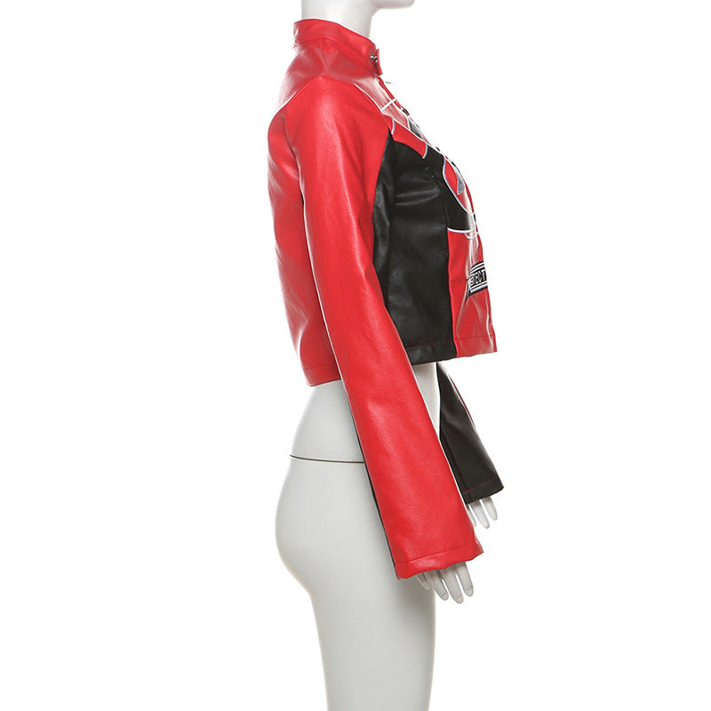 Autumn Winter Sexy Zipper Top Contrast Embroidery Short Fashion Jacket 7