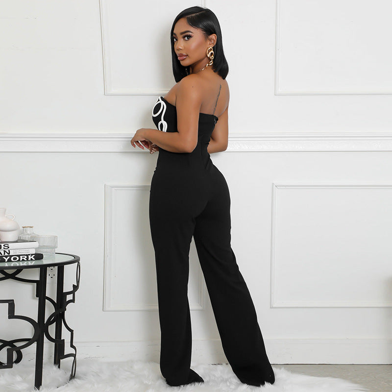 Women Spring/Summer Strapless V-Neck Print Zipper Bell Bottom Jumpsuit 6