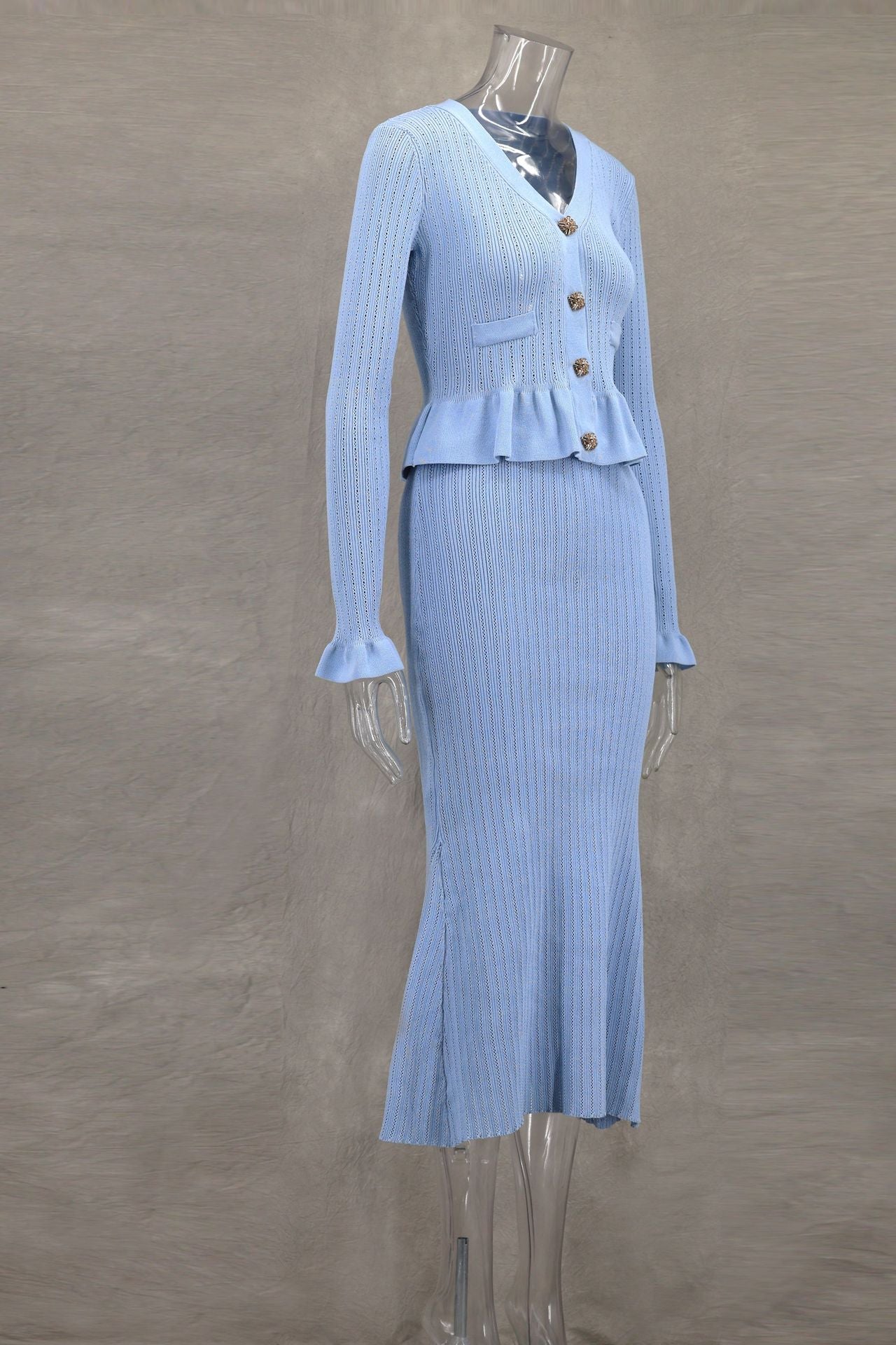 Autumn Winter Elegant Ruffled V-Neck Bodycon Fishtail Skirt Set 17