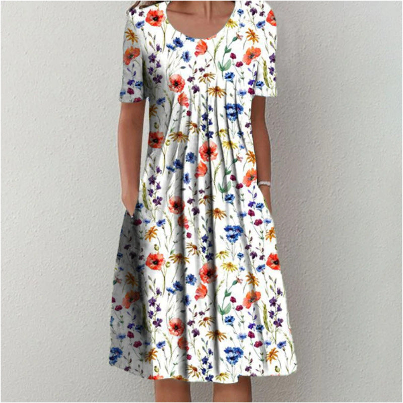 Spring and Summer Plus-Size Elegant Round Neck Print Casual Dress