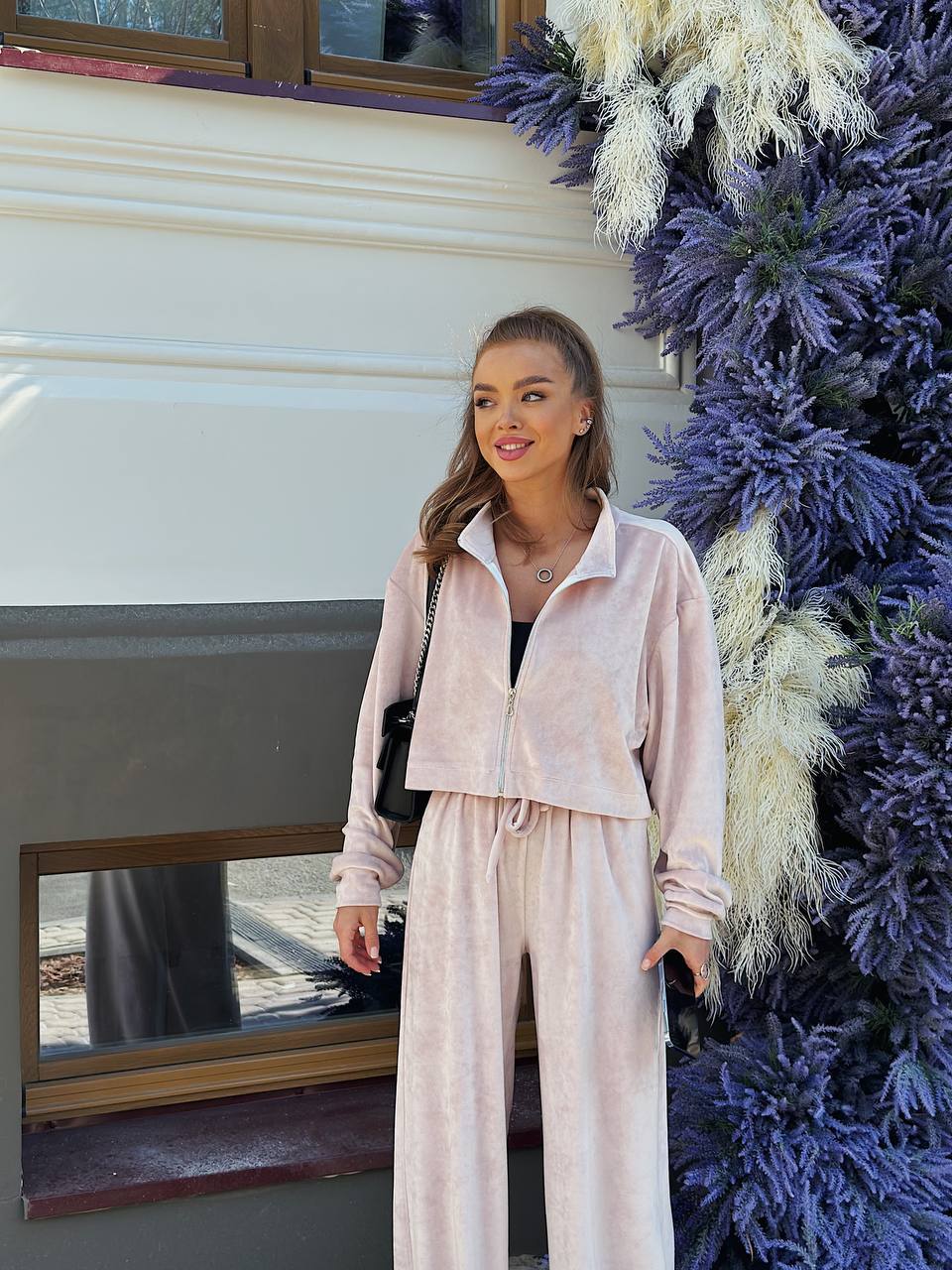 Autumn Velvet Long Sleeve Zipper Turndown Collar Top Elastic Waist Wide Leg Trousers Casual Two Sets For Women 6