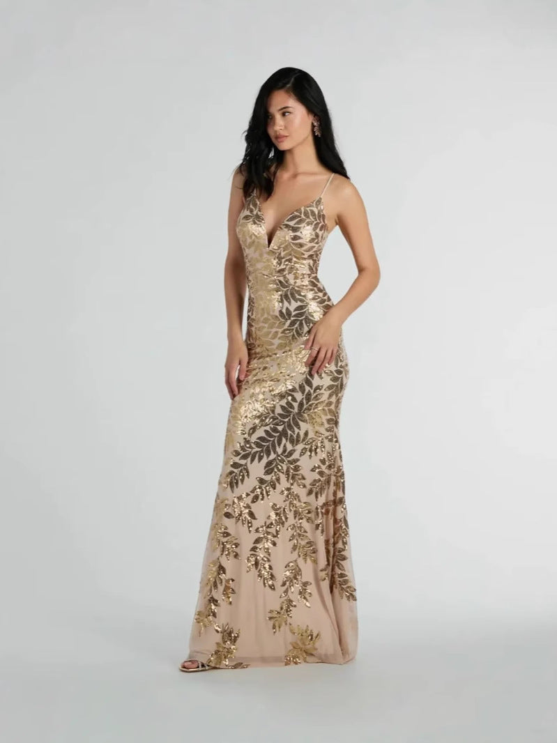 Fashionable Sexy Low Back Strap Sequin Long Dress 5