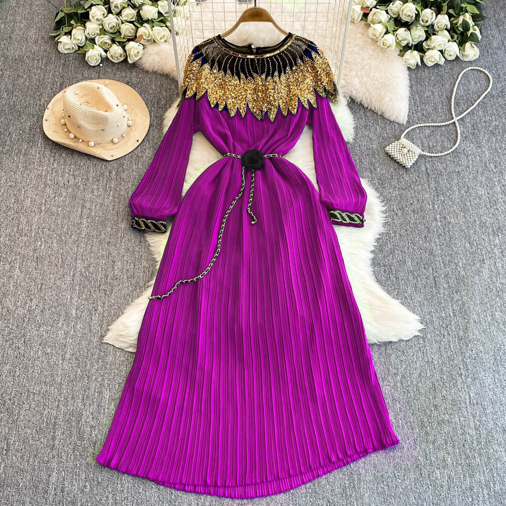 Luxury Sequin Cape Patch Slim Waist Pleated Loose Long Dress 16