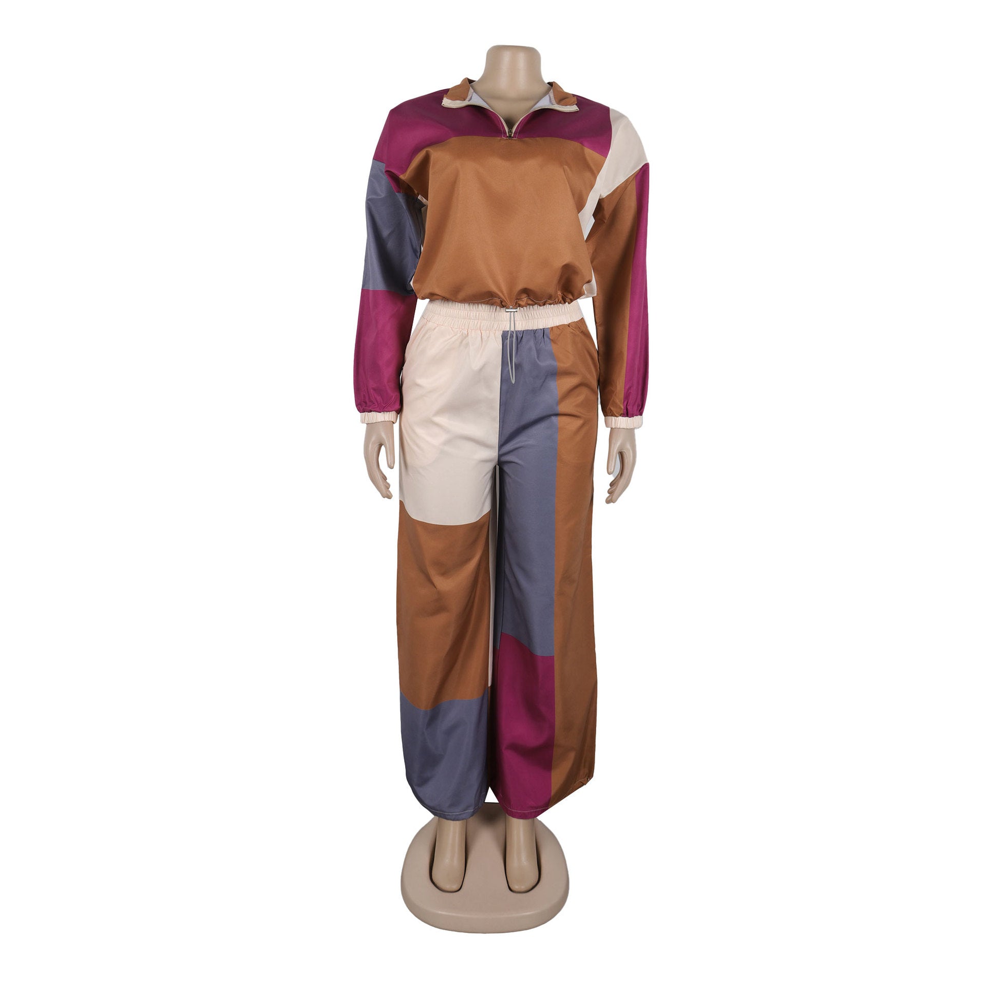 Sexy Sports Color Block Print Zipper Drawstring Design Two-Piece Pants Set 6